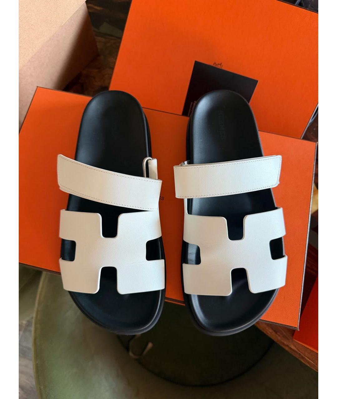 HERMES Белые кожаные шлепанцы, фото 2