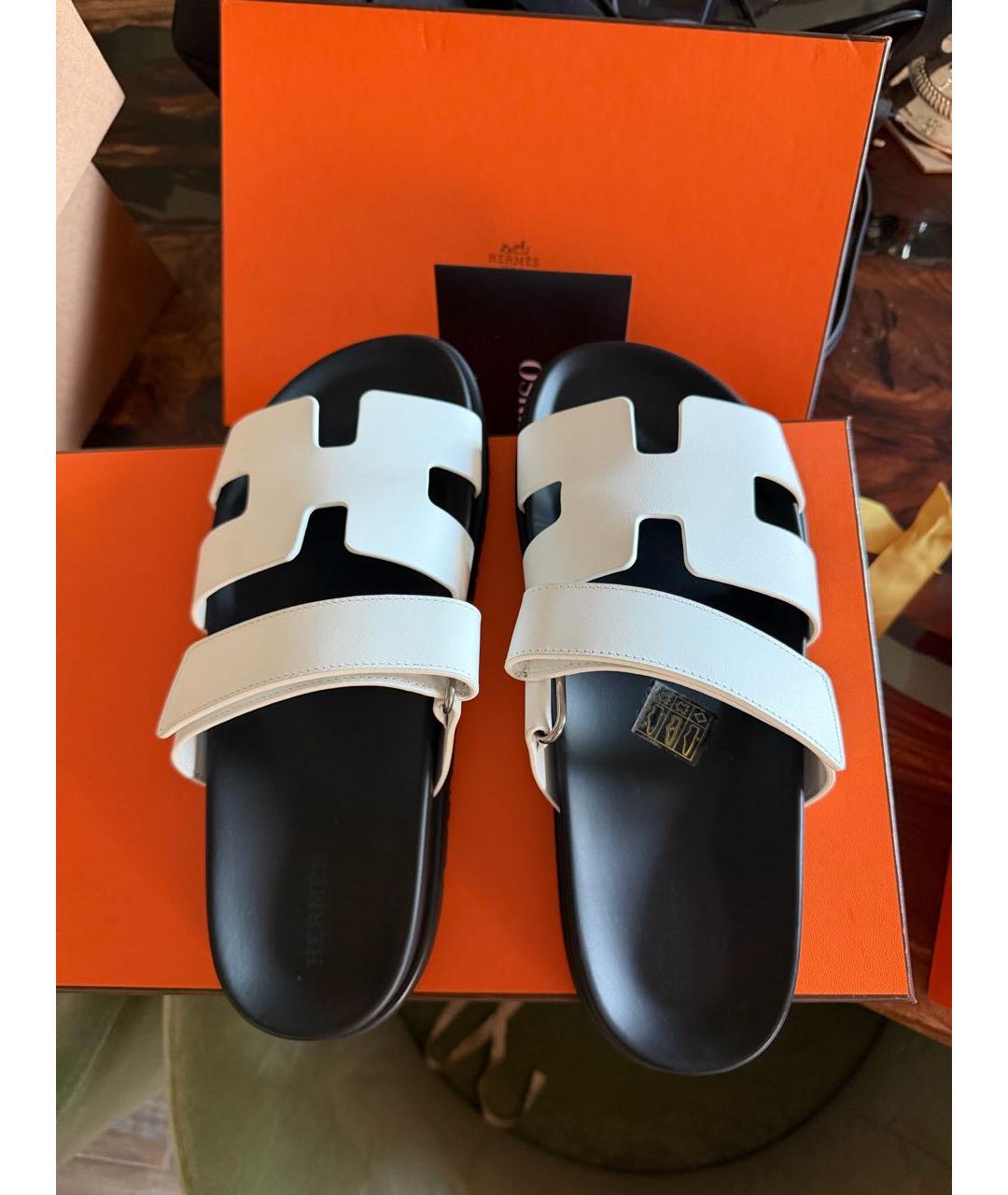 HERMES Белые кожаные шлепанцы, фото 3