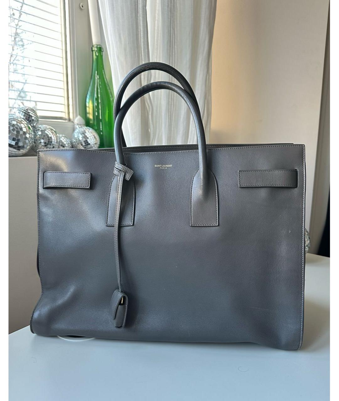 SAINT LAURENT Серая кожаная сумка тоут, фото 9