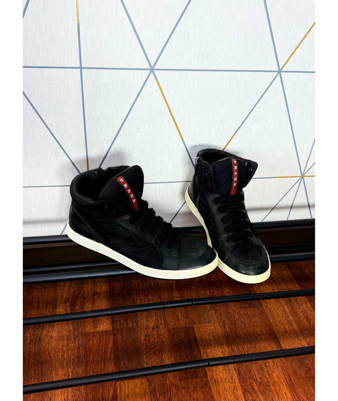 PRADA Черные кожаные высокие кроссовки / кеды, фото 5