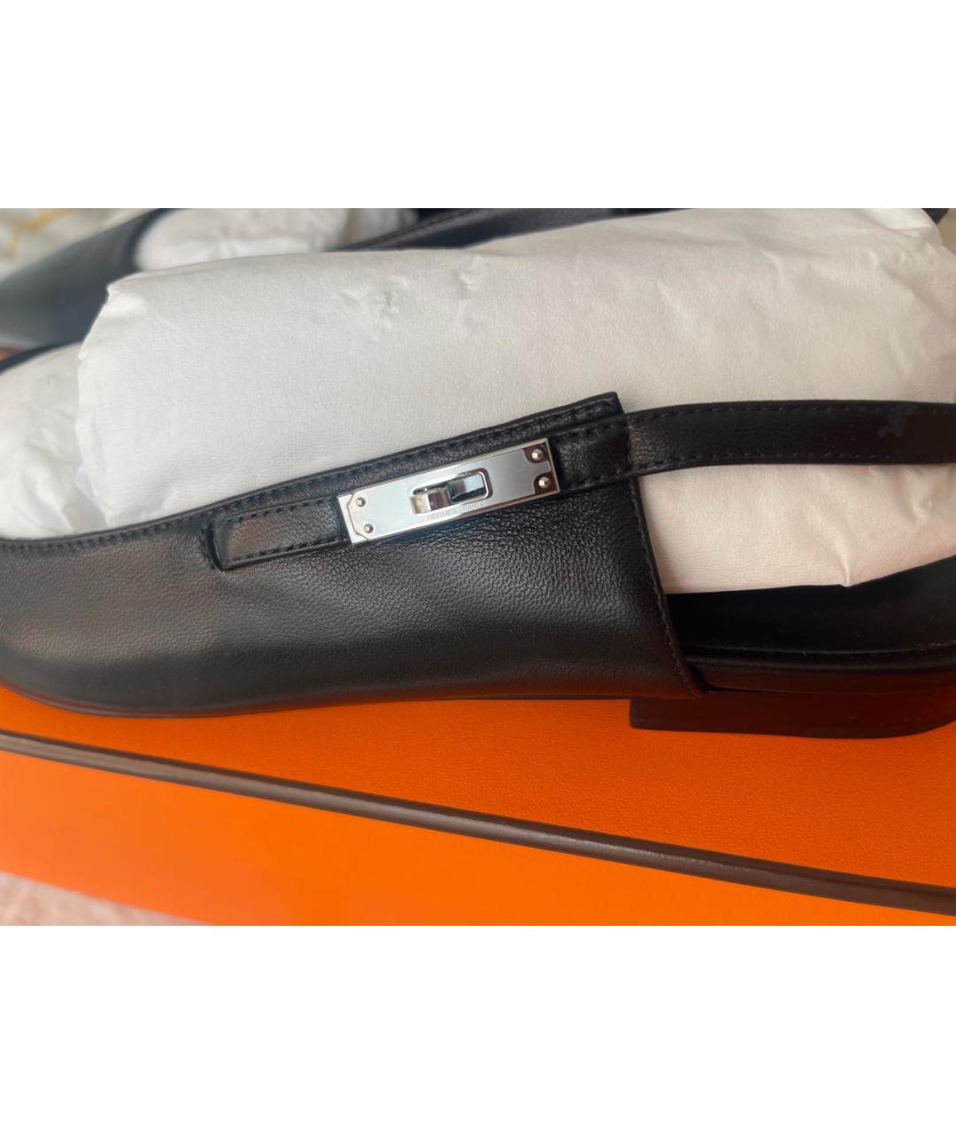 HERMES Черные кожаные лодочки на низком каблуке, фото 6