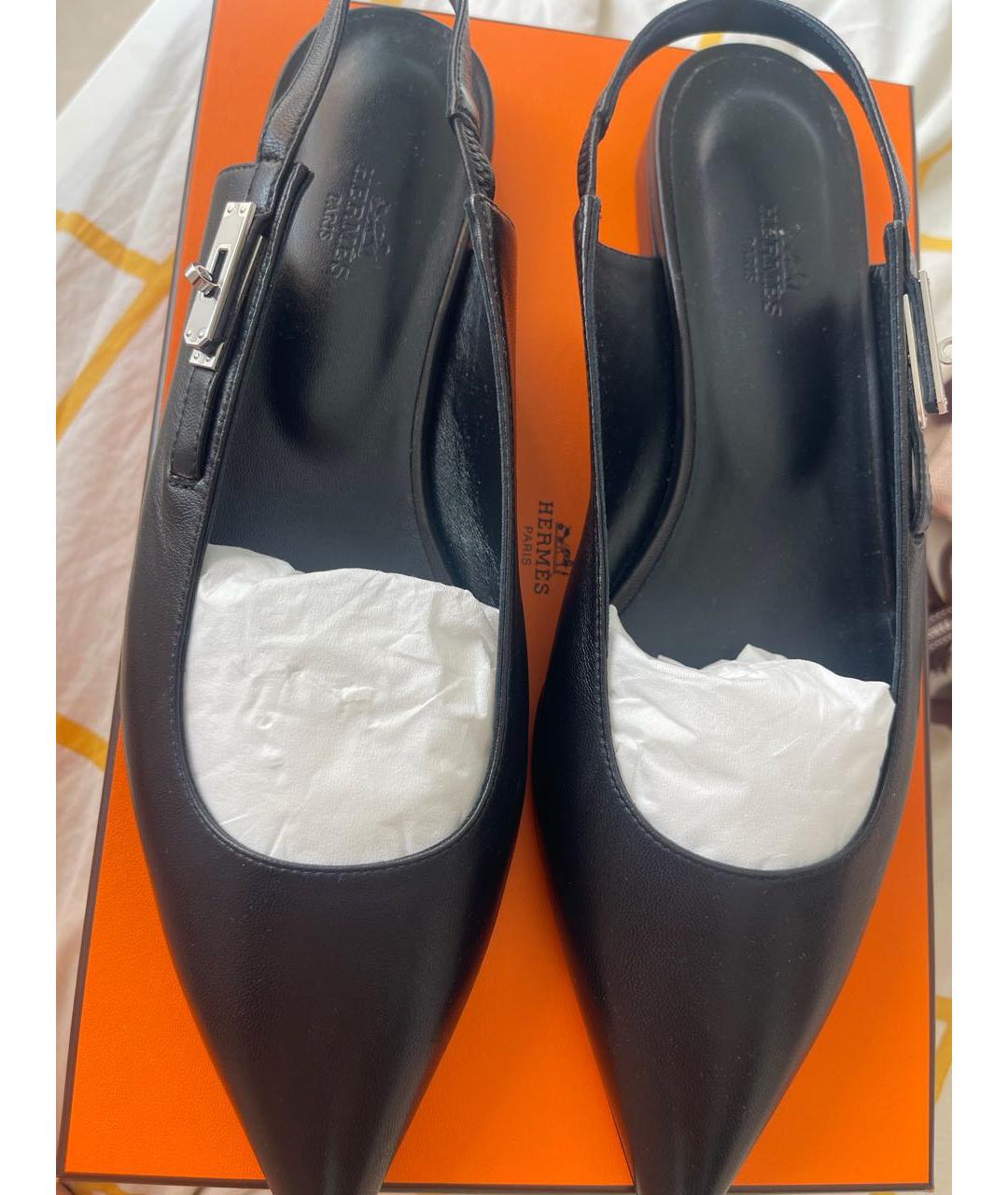 HERMES Черные кожаные лодочки на низком каблуке, фото 2