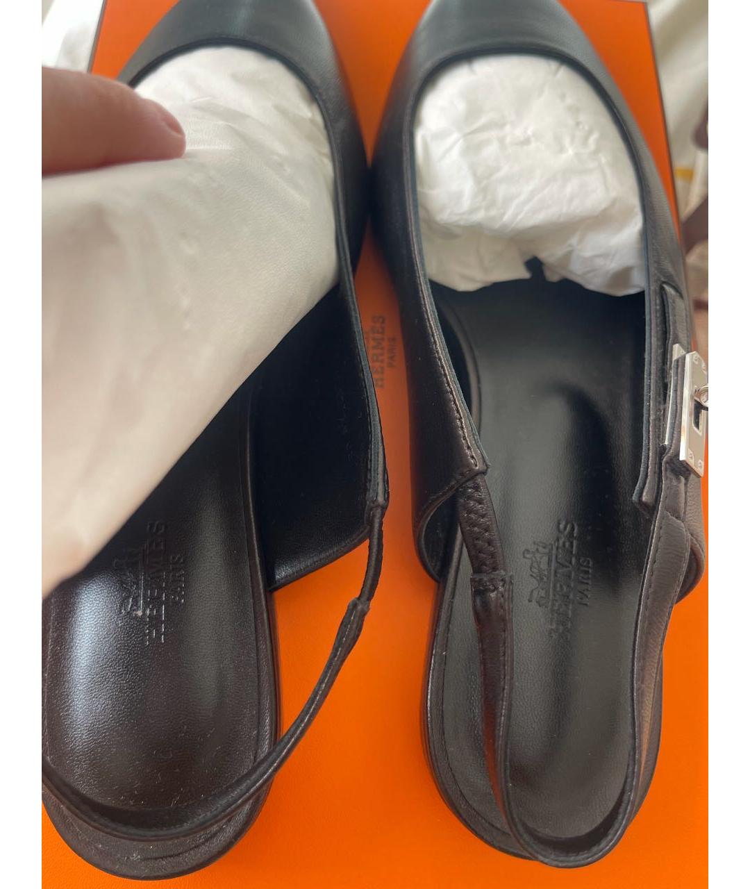 HERMES Черные кожаные лодочки на низком каблуке, фото 3