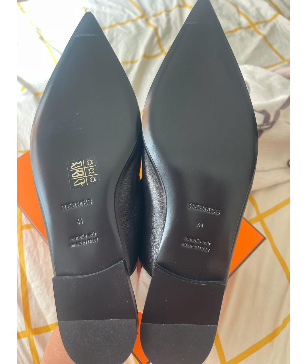 HERMES Черные кожаные лодочки на низком каблуке, фото 4