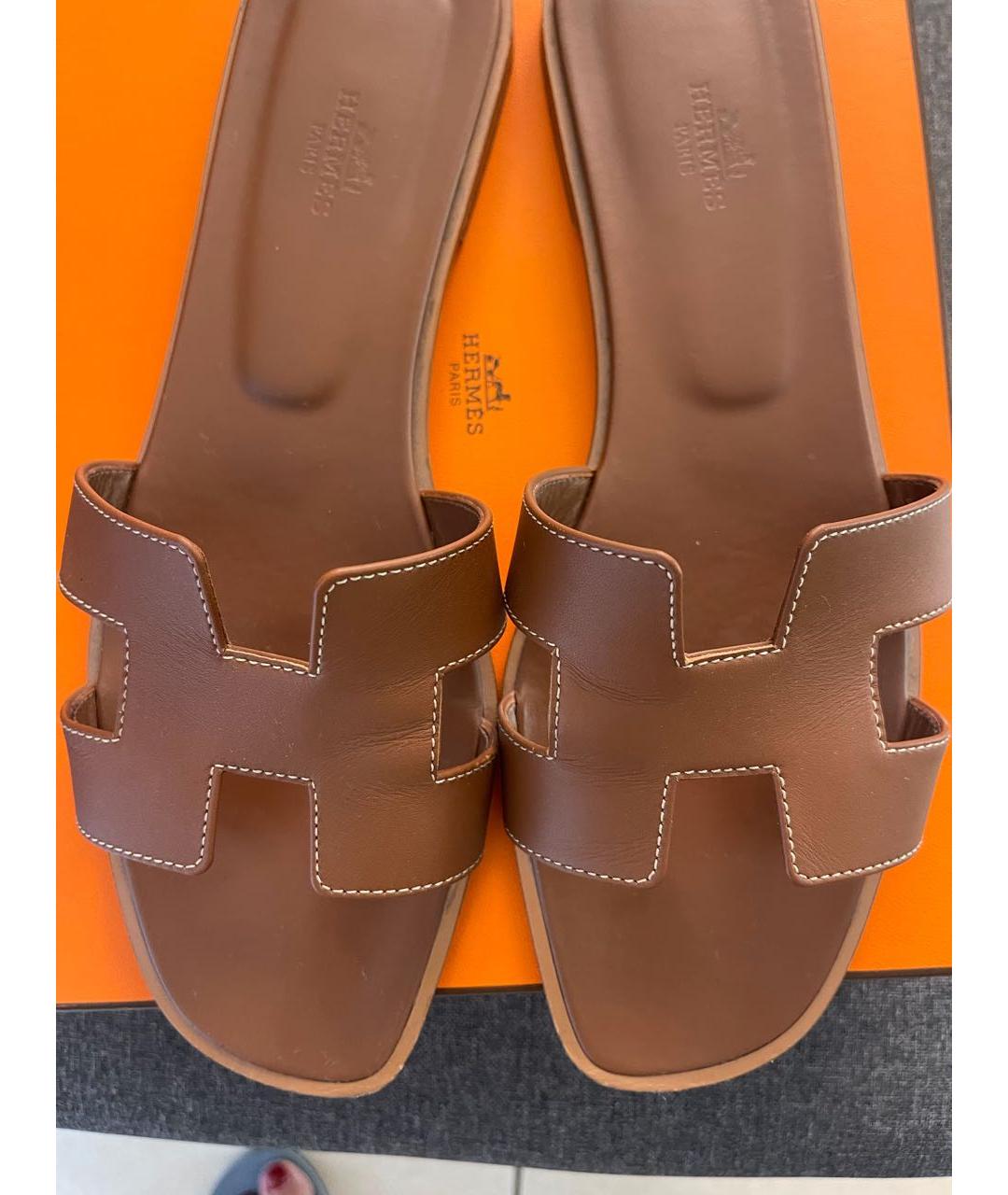 HERMES Коричневые кожаные шлепанцы, фото 2