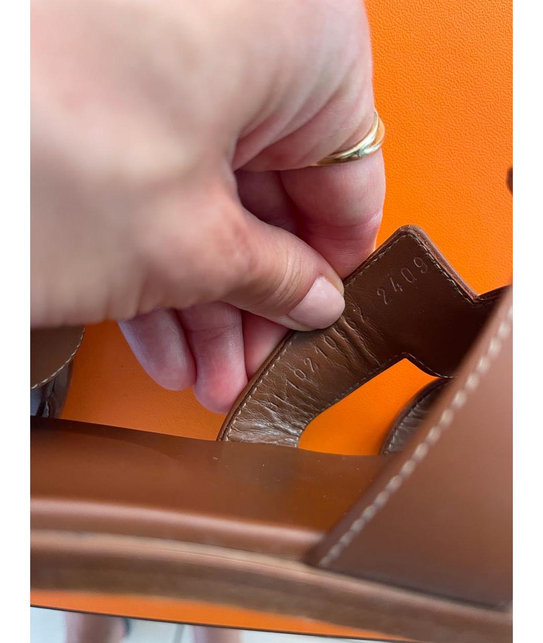 HERMES Коричневые кожаные шлепанцы, фото 3