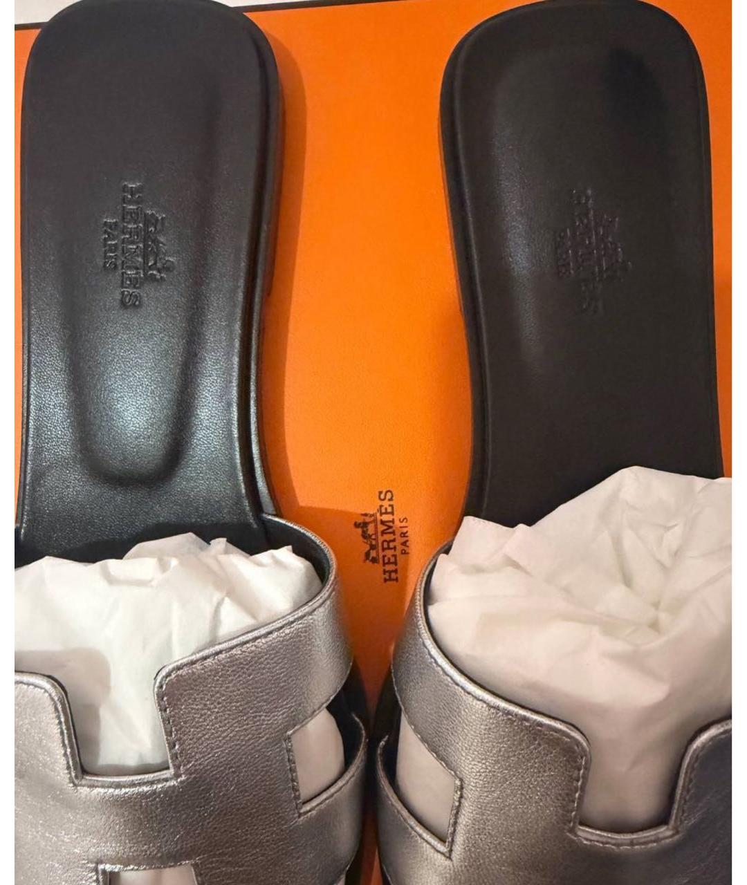 HERMES Серебряные кожаные шлепанцы, фото 3