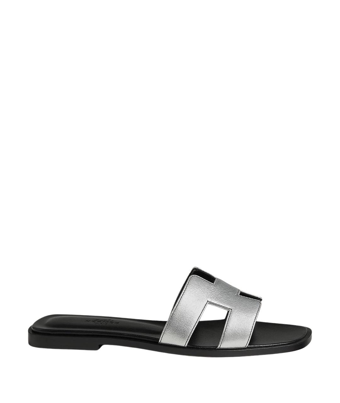HERMES Серебряные кожаные шлепанцы, фото 1