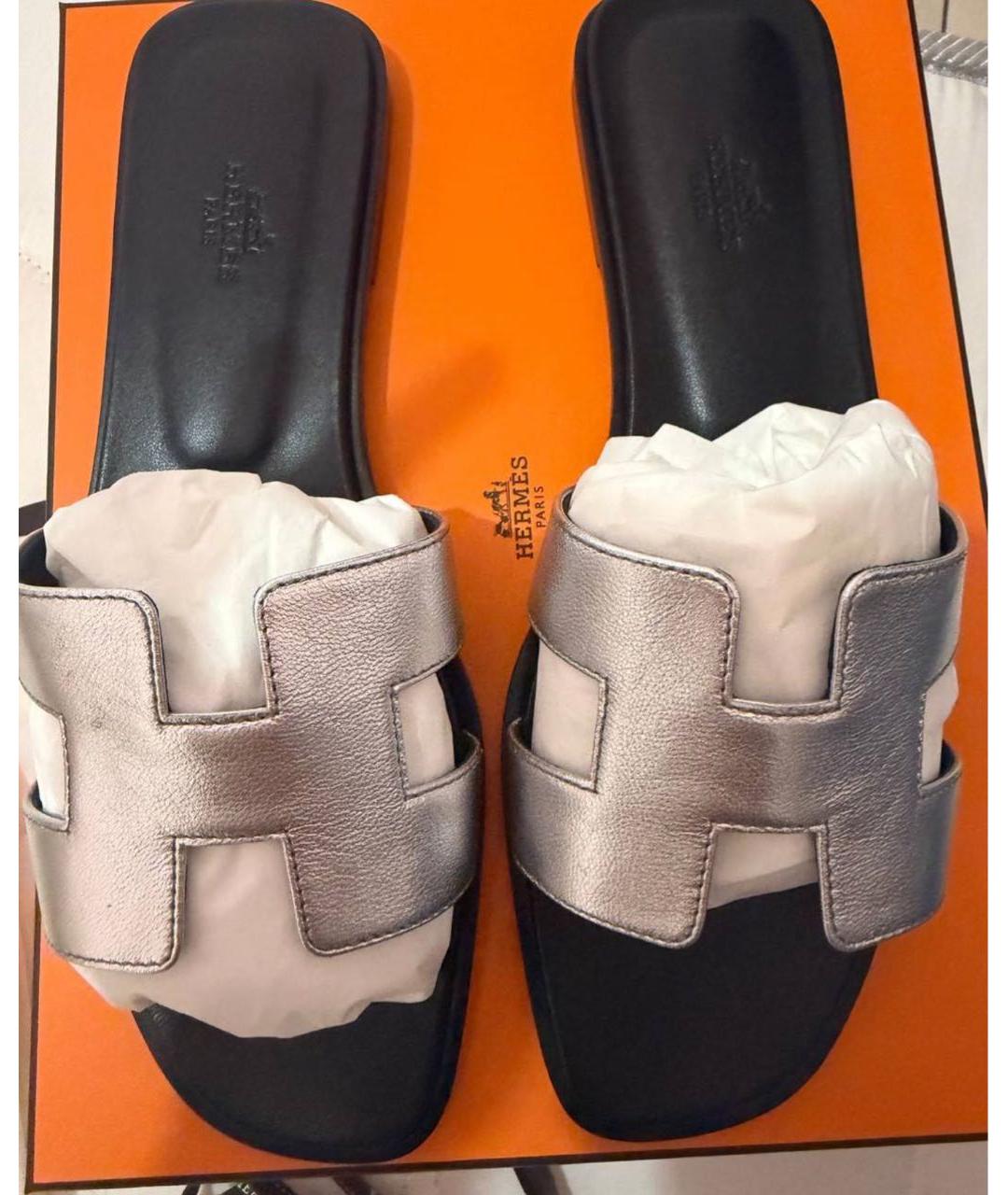 HERMES Серебряные кожаные шлепанцы, фото 4