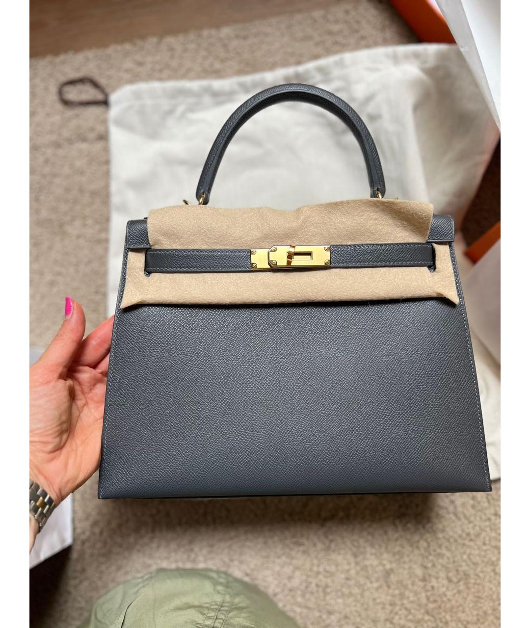 HERMES Серая кожаная сумка с короткими ручками, фото 3