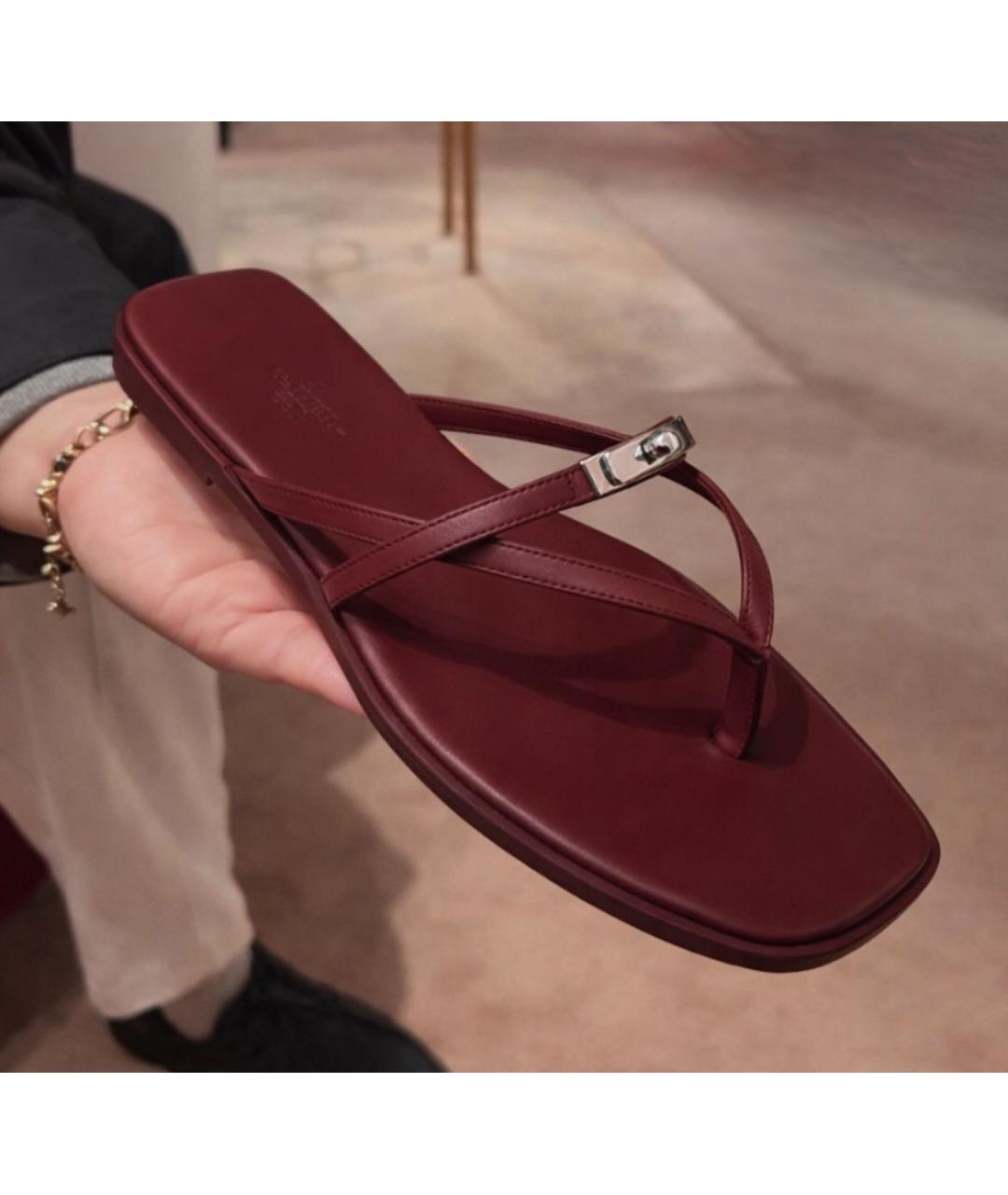 HERMES Бордовые кожаные шлепанцы, фото 4