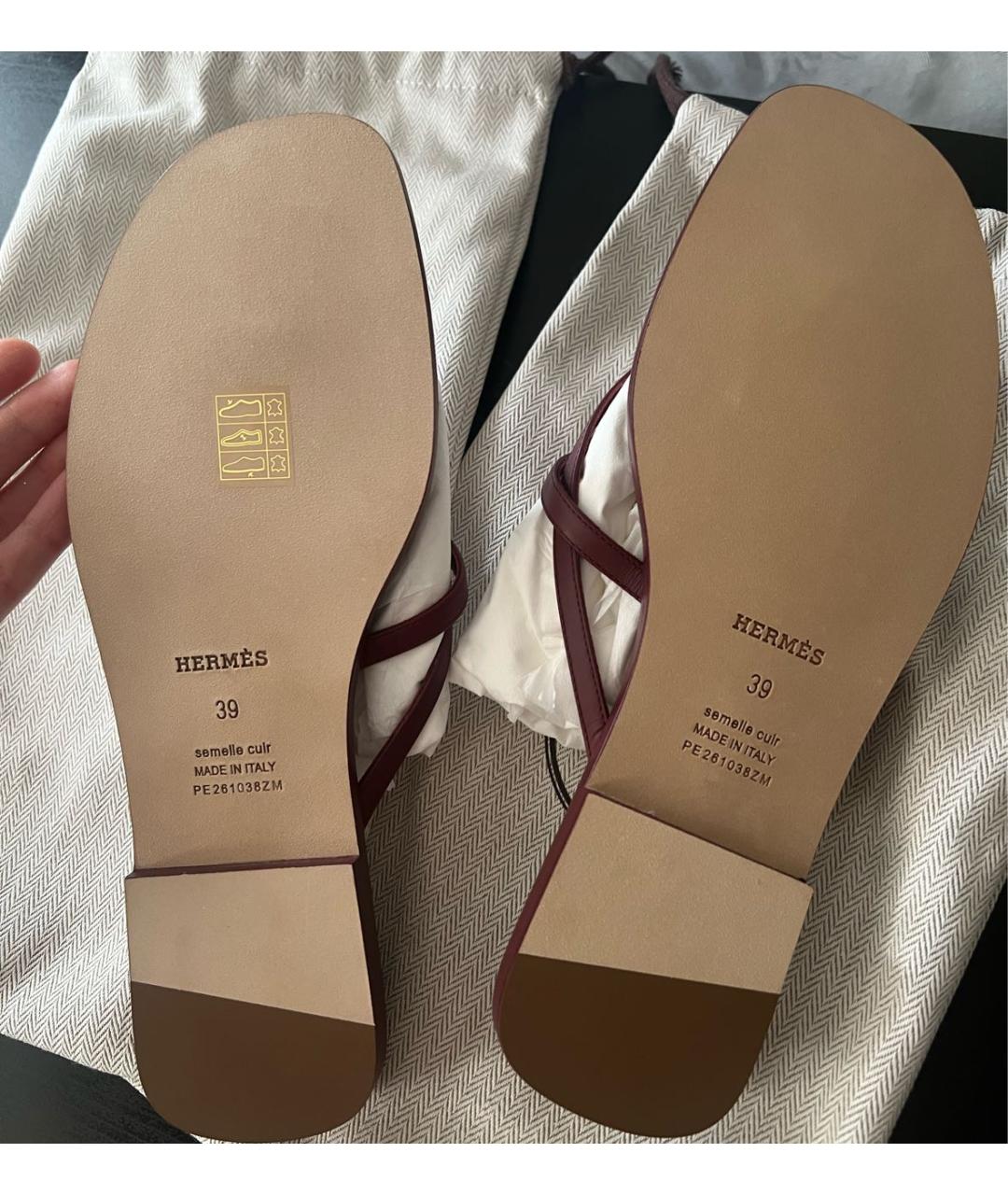 HERMES Бордовые кожаные шлепанцы, фото 5