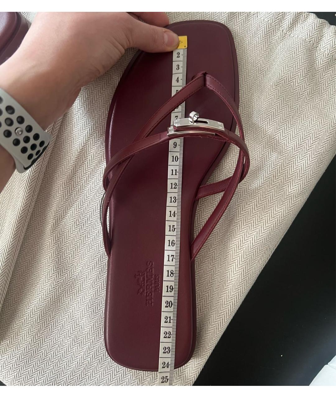 HERMES Бордовые кожаные шлепанцы, фото 6