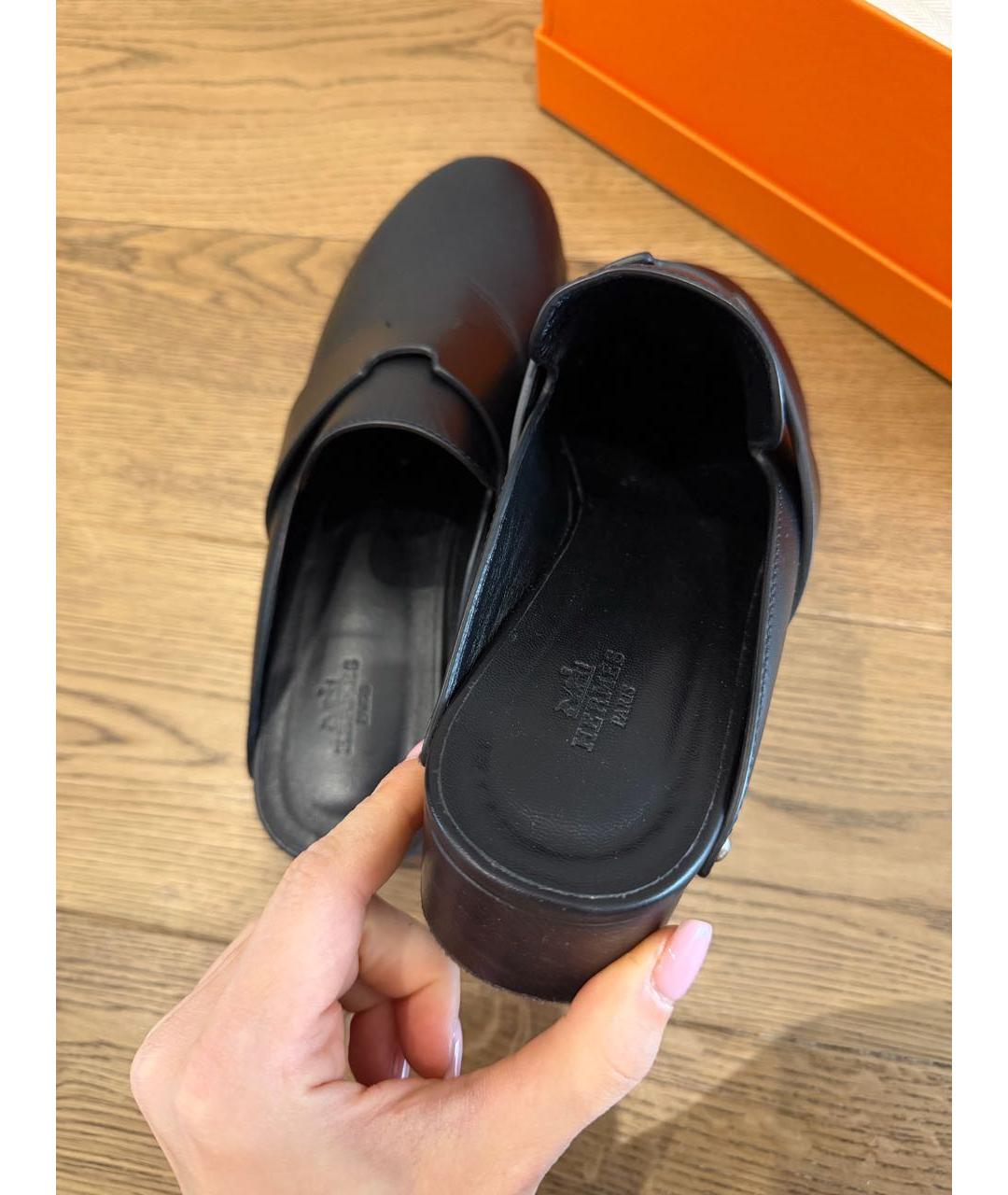 HERMES Черные кожаные мюли, фото 4