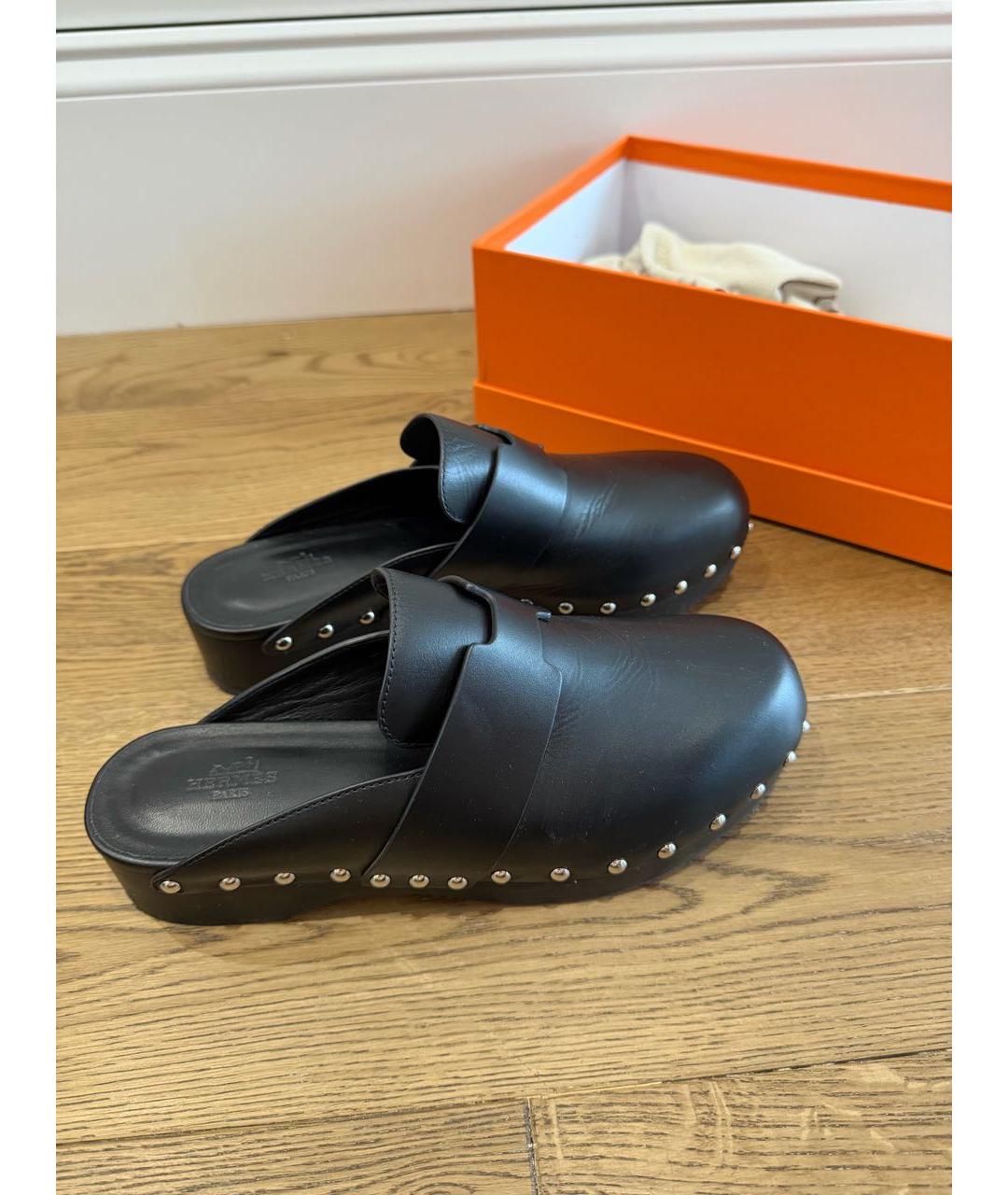 HERMES Черные кожаные мюли, фото 5