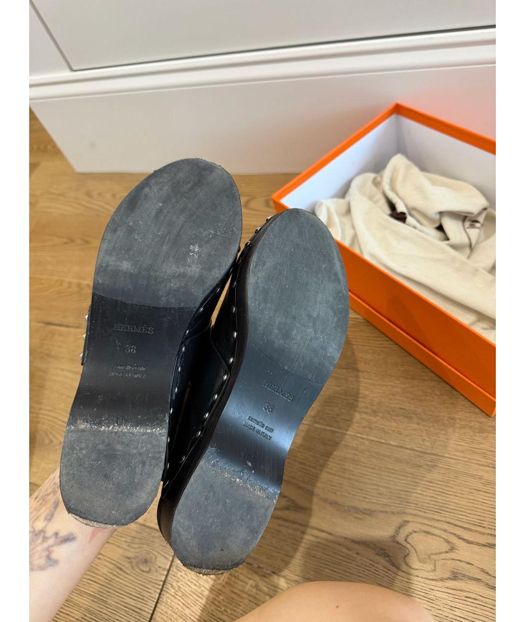 HERMES Черные кожаные мюли, фото 3