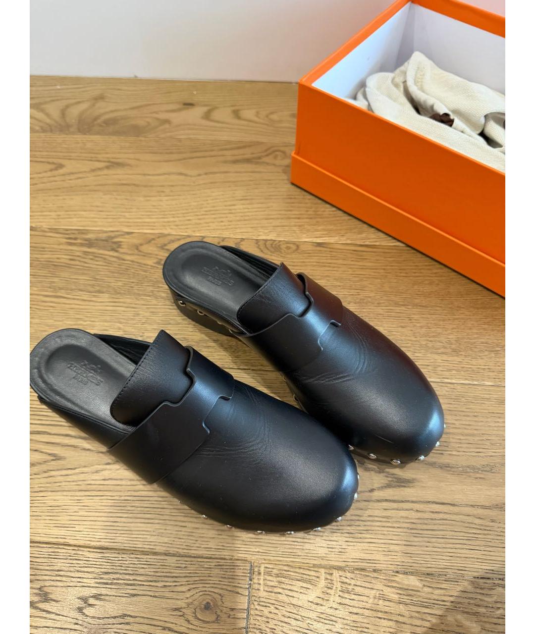 HERMES Черные кожаные мюли, фото 2