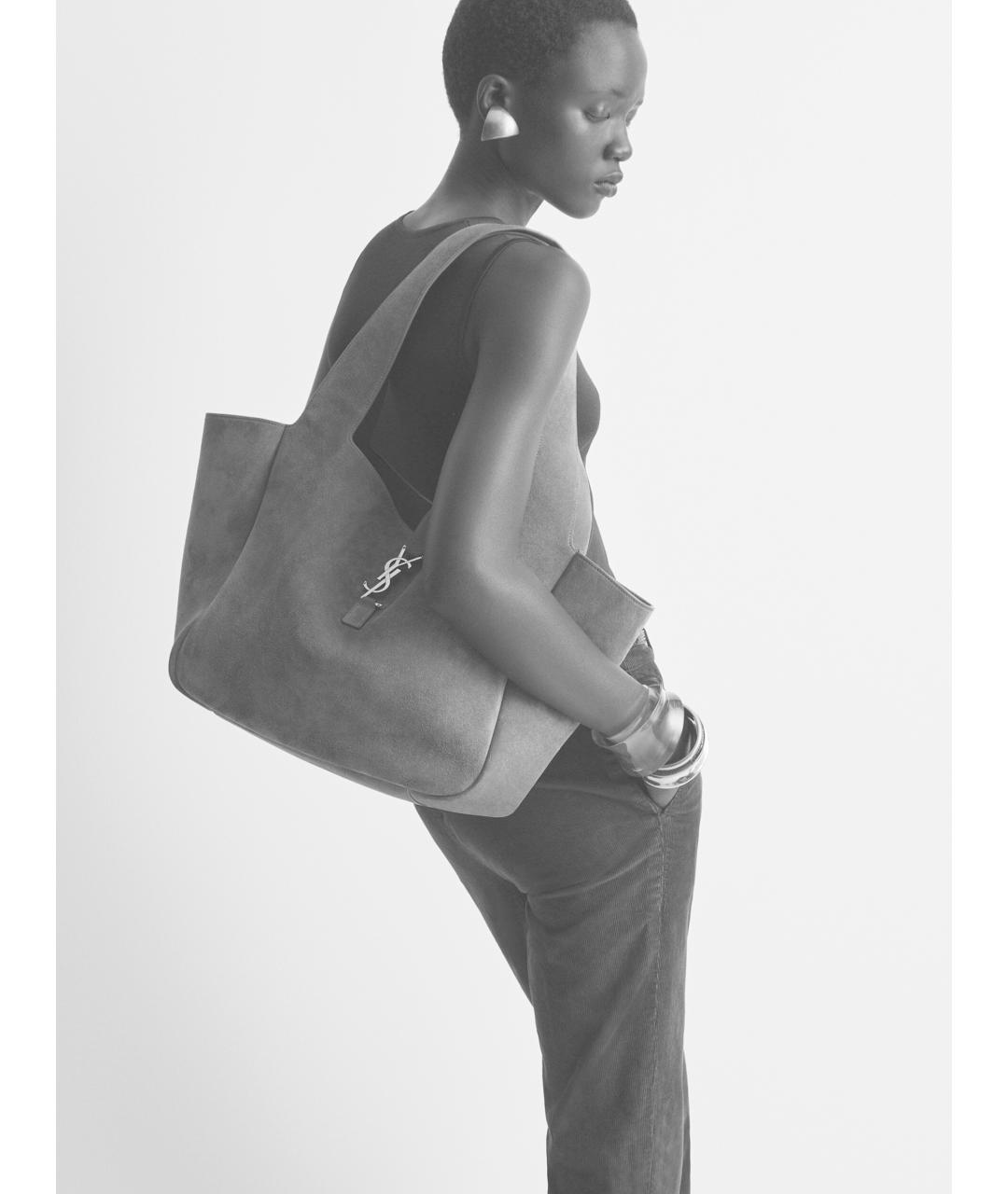 SAINT LAURENT Коричневая замшевая сумка тоут, фото 2