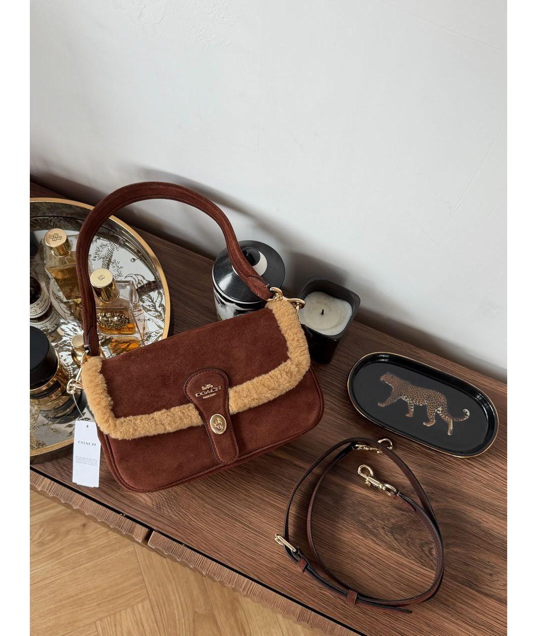 COACH Коричневая замшевая сумка с короткими ручками, фото 4