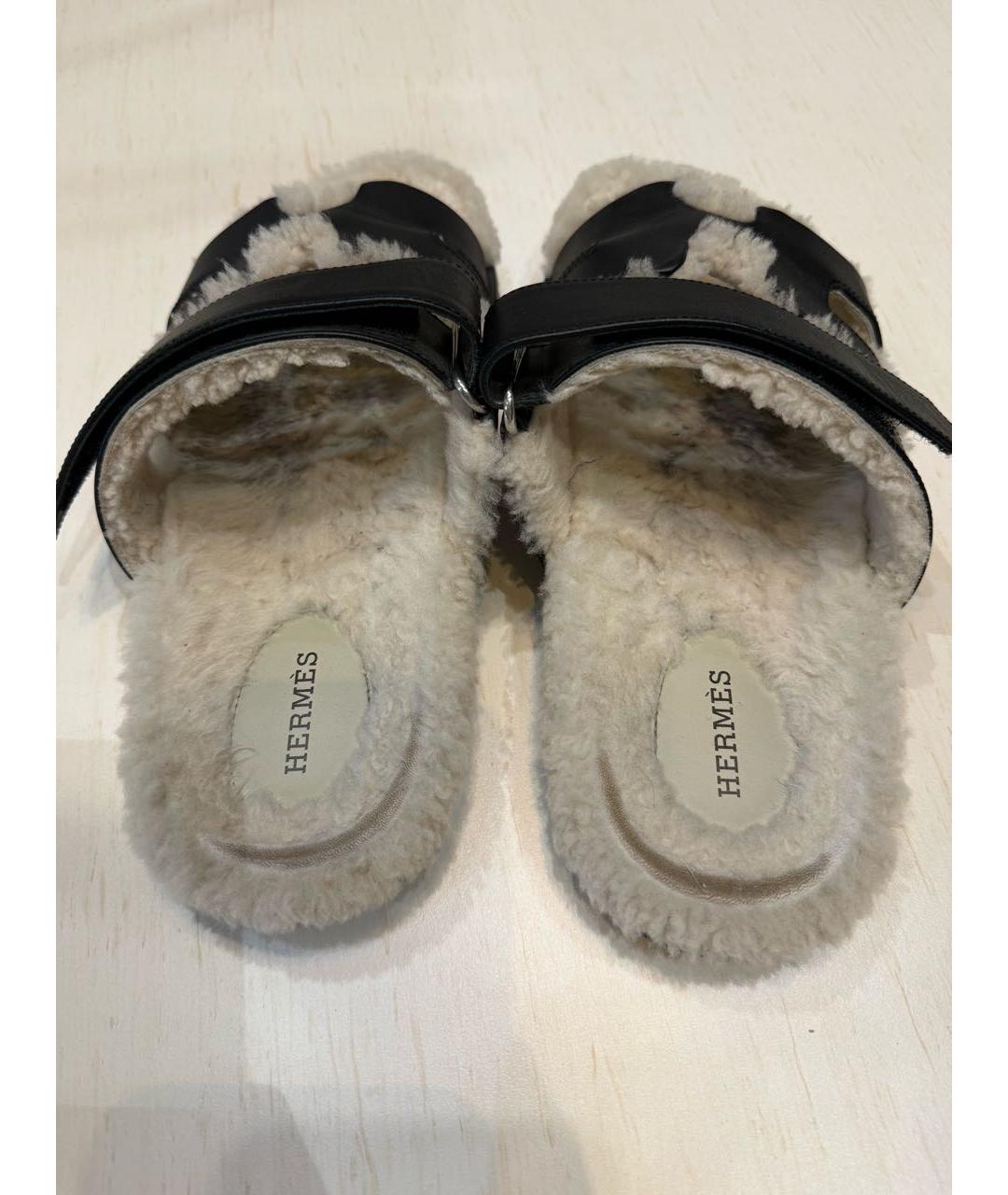 HERMES Черные кожаные шлепанцы, фото 4
