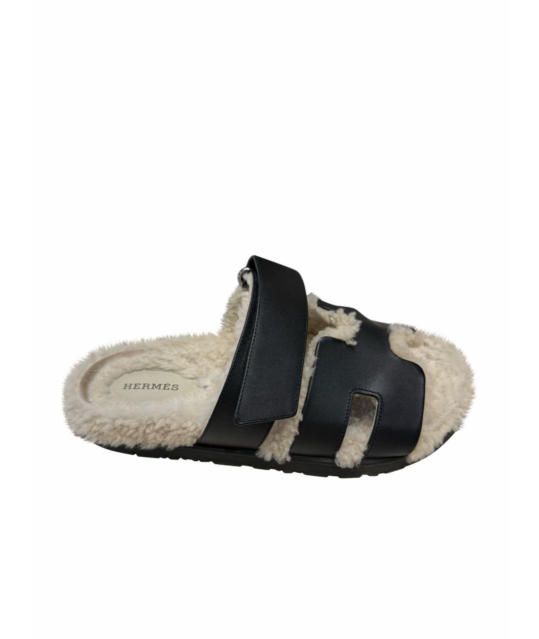 HERMES Черные кожаные шлепанцы, фото 1