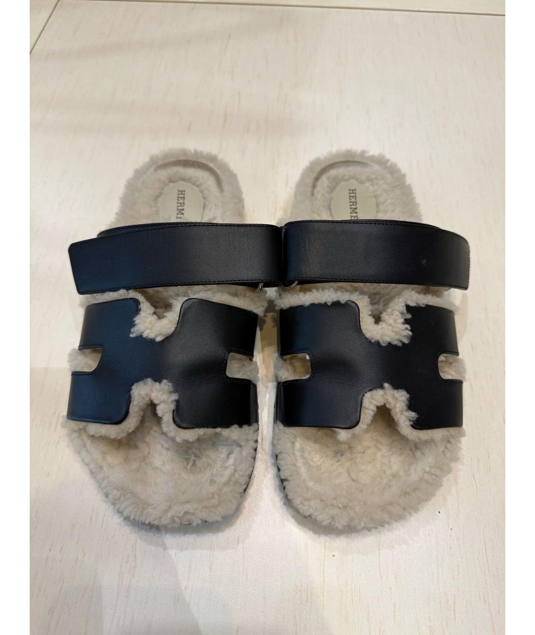 HERMES Черные кожаные шлепанцы, фото 2