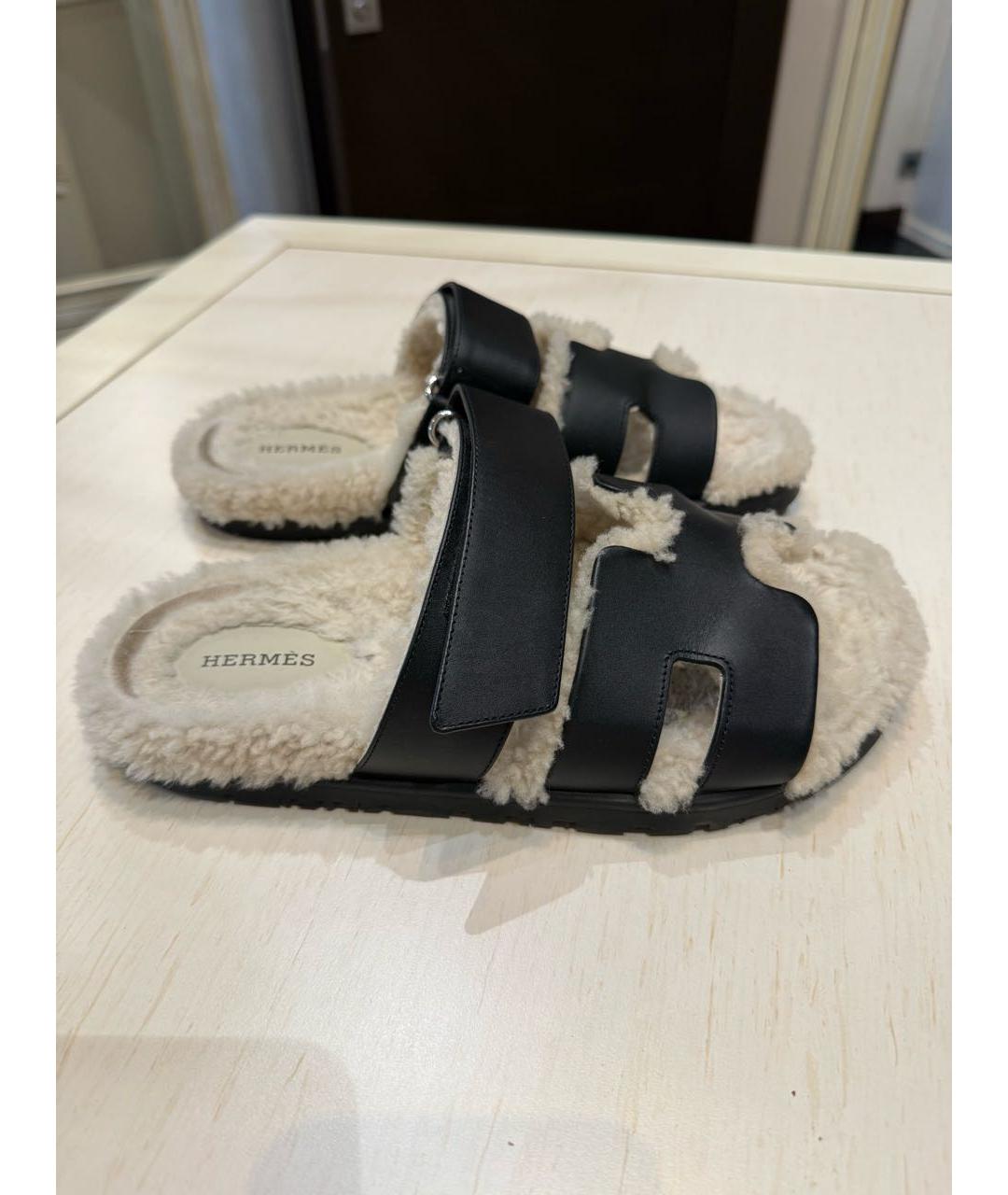 HERMES Черные кожаные шлепанцы, фото 6