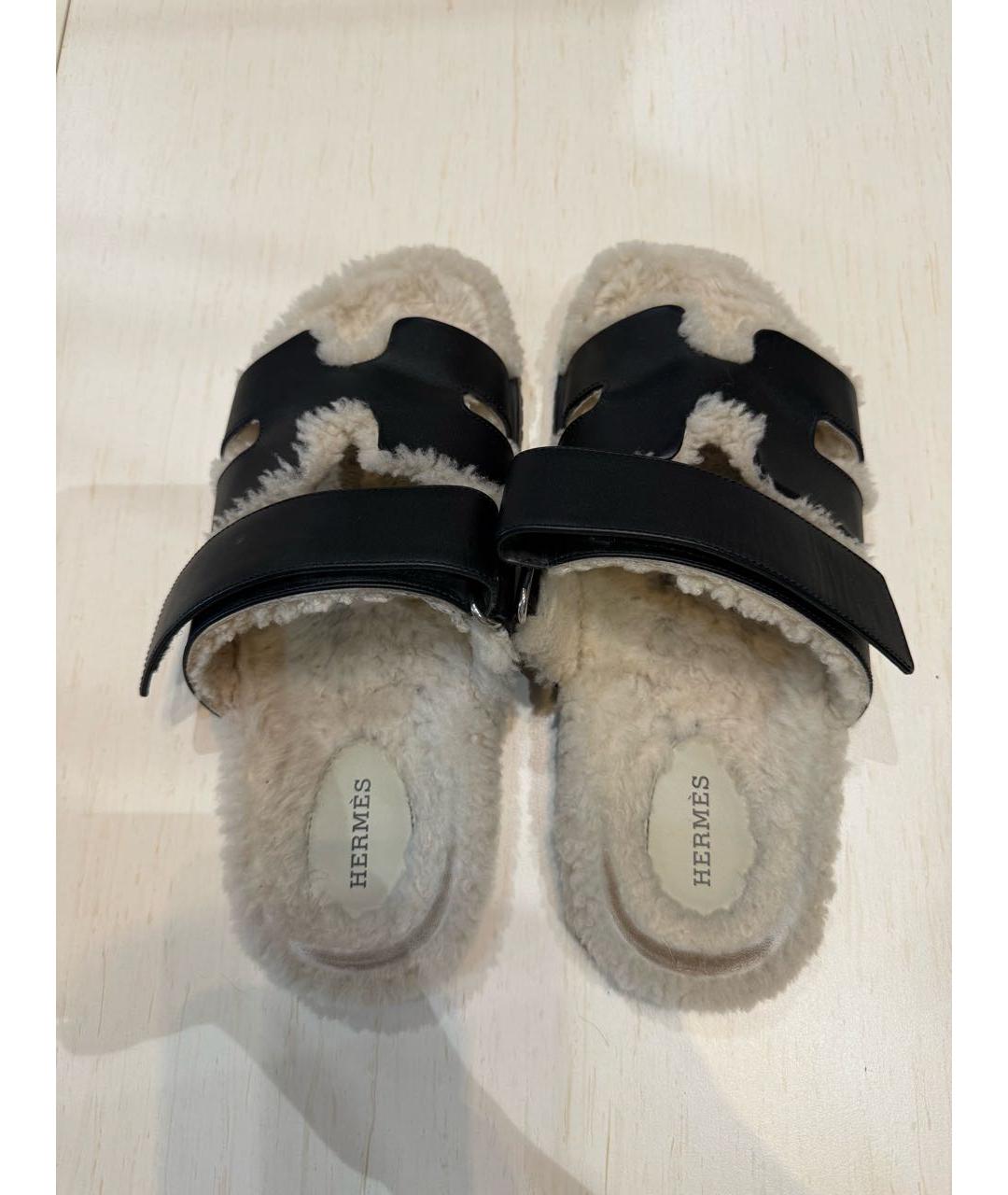 HERMES Черные кожаные шлепанцы, фото 3