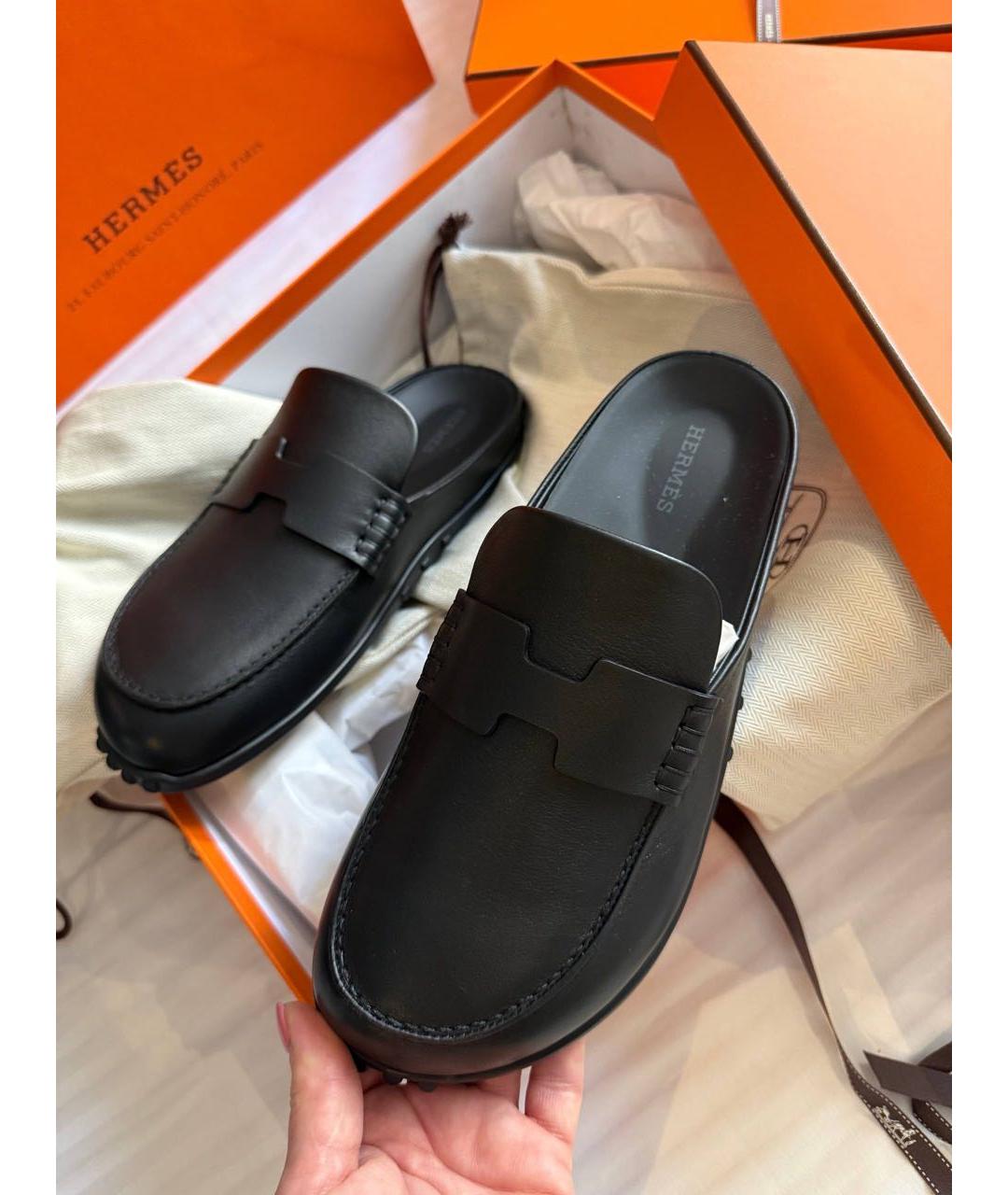 HERMES Черные кожаные мюли, фото 2