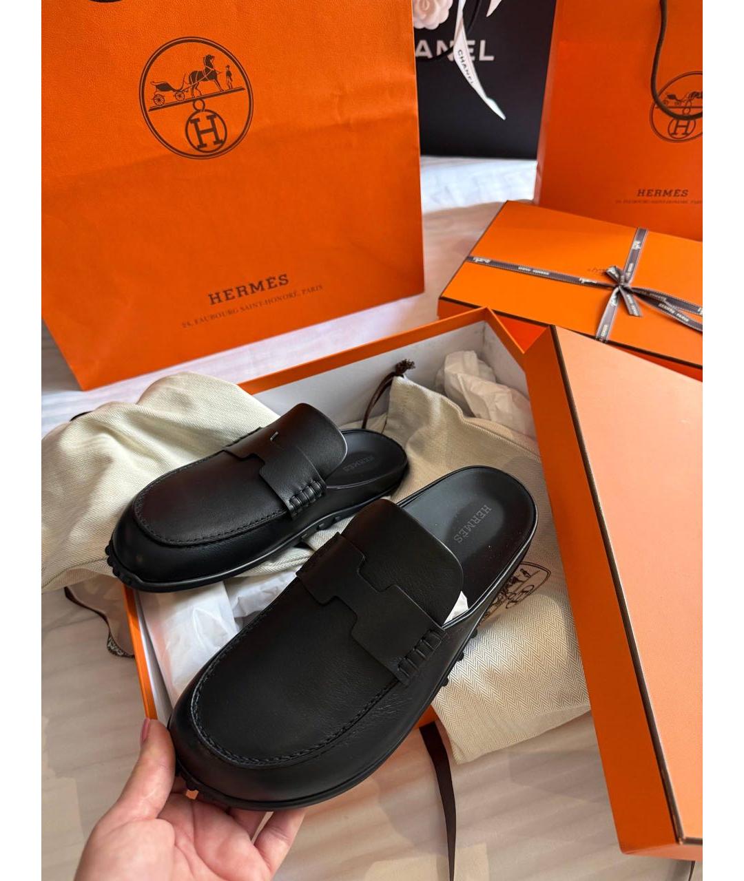 HERMES Черные кожаные мюли, фото 3