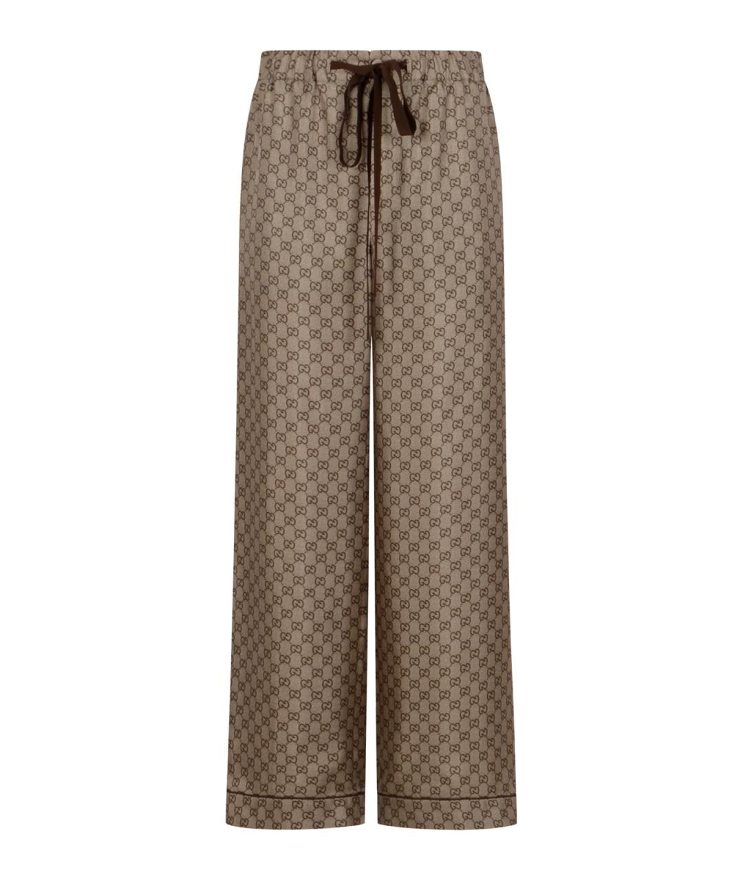 GUCCI Бежевые шелковые прямые брюки, фото 1