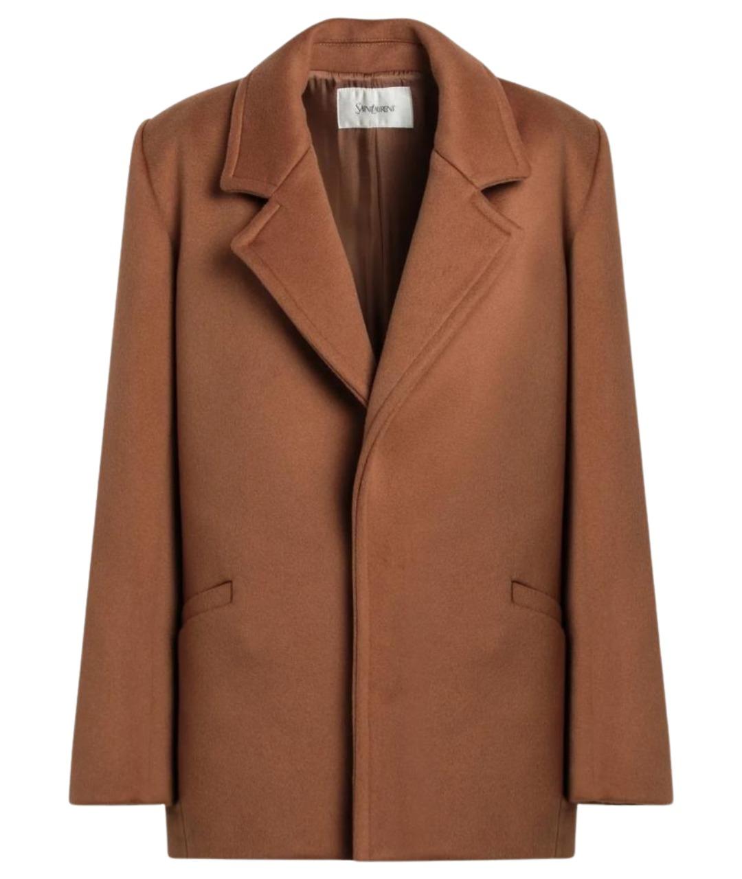 SAINT LAURENT Коричневое шерстяное пальто, фото 1