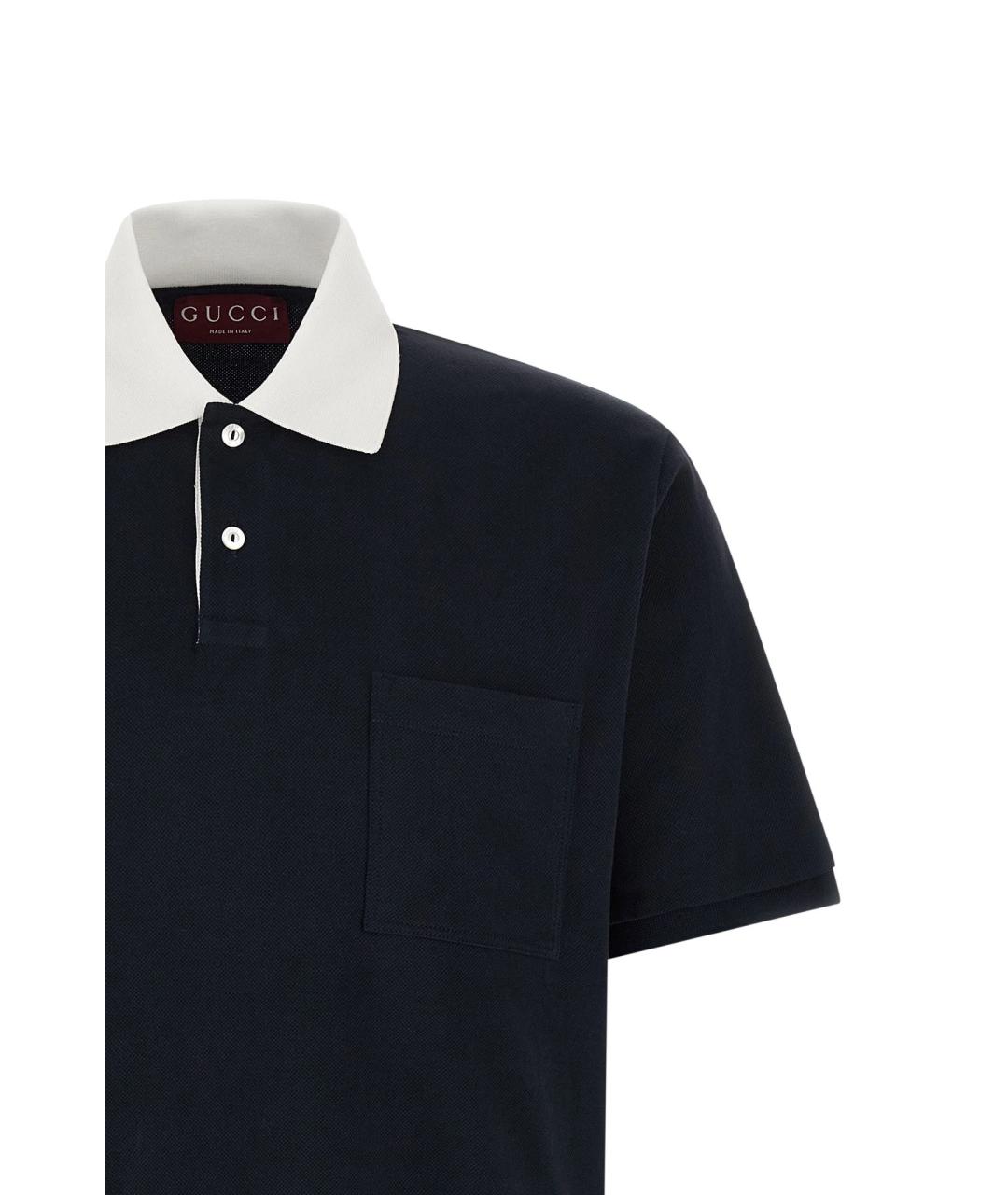 GUCCI Темно-синее хлопковое поло с коротким рукавом, фото 2