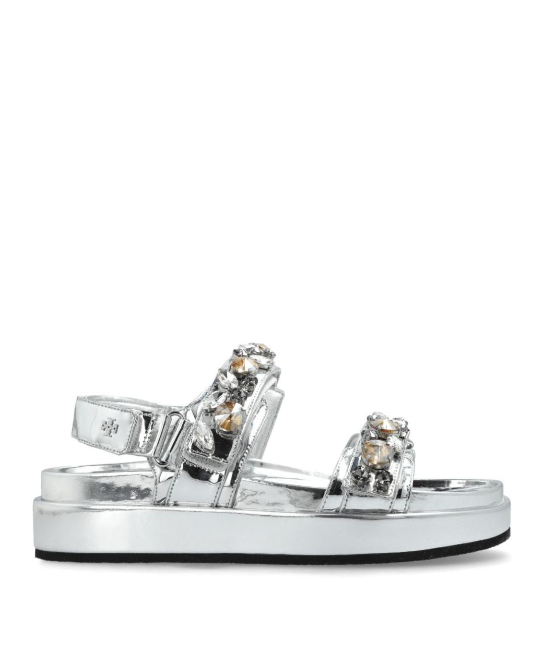 TORY BURCH Серебряные кожаные босоножки, фото 1