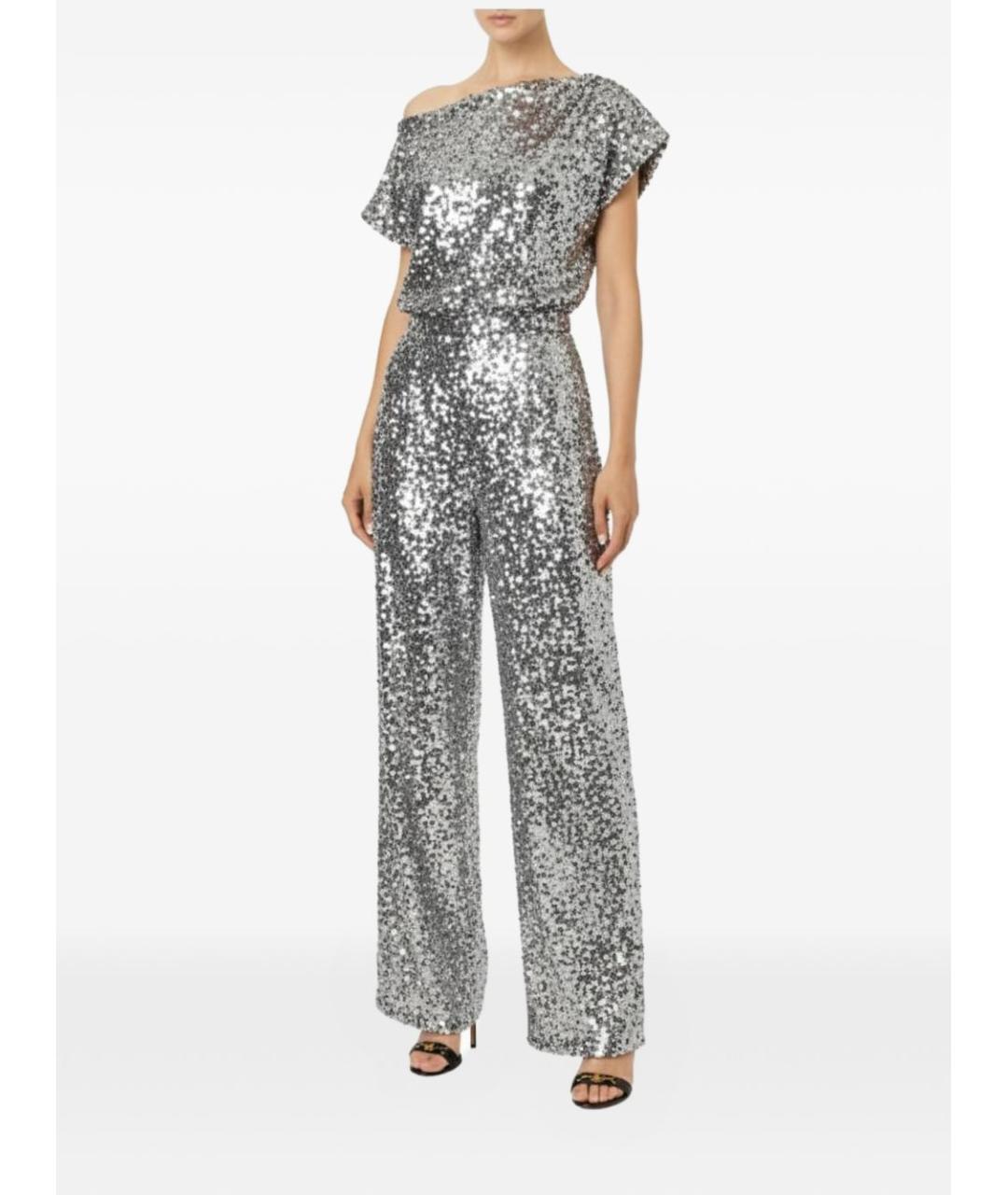 ELISABETTA FRANCHI Серебряные полиэстеровые прямые брюки, фото 3