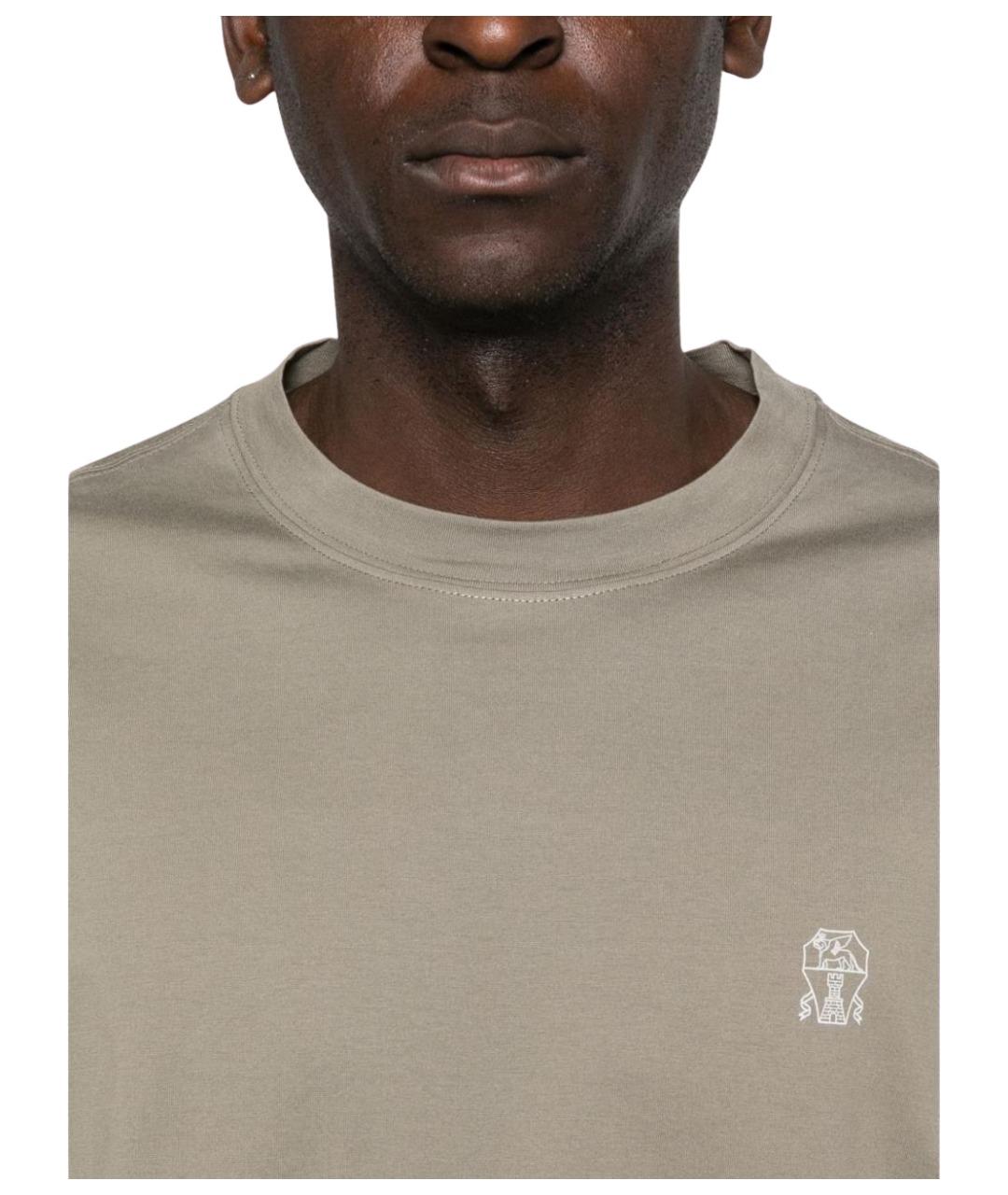 BRUNELLO CUCINELLI Хаки хлопковая футболка, фото 3