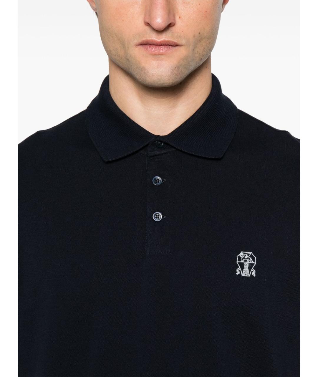 BRUNELLO CUCINELLI Темно-синее хлопковое поло с коротким рукавом, фото 4