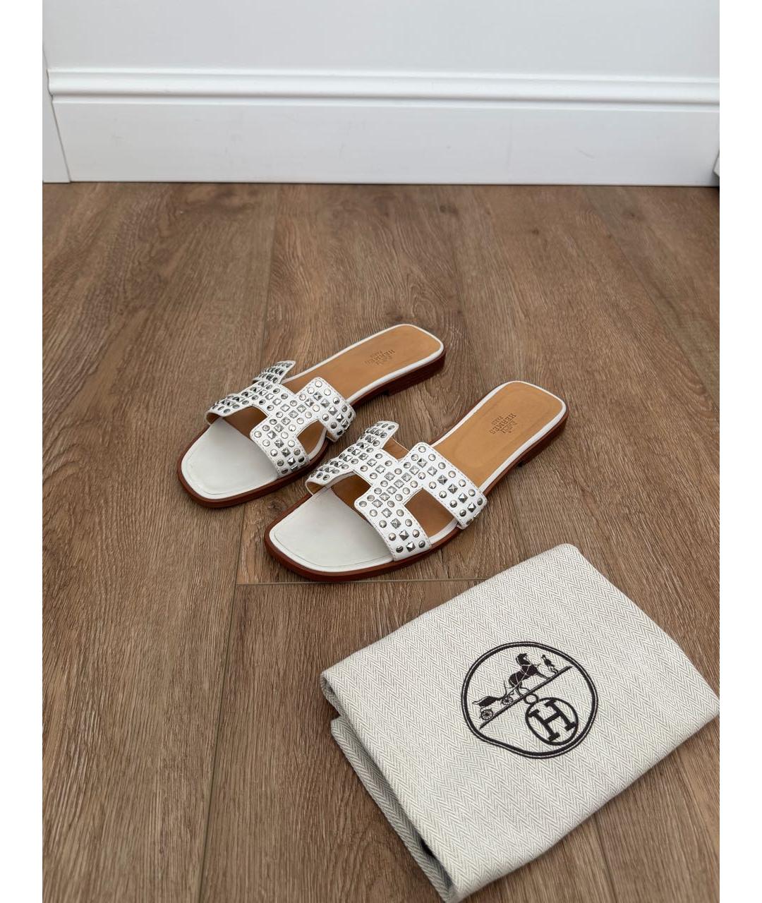 HERMES Белые кожаные шлепанцы, фото 8