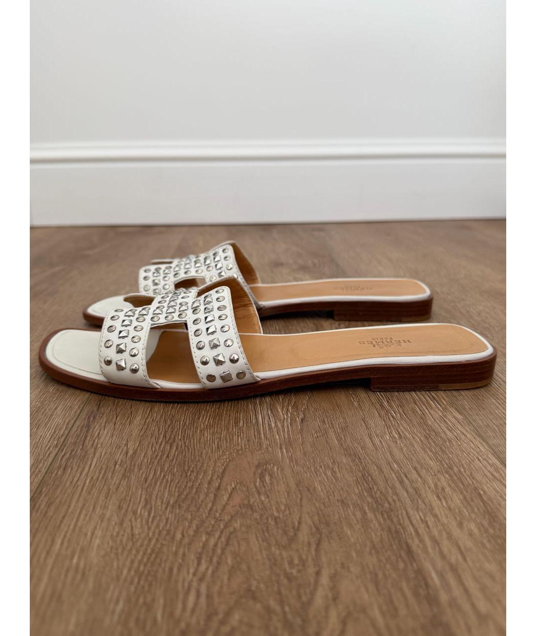 HERMES Белые кожаные шлепанцы, фото 9