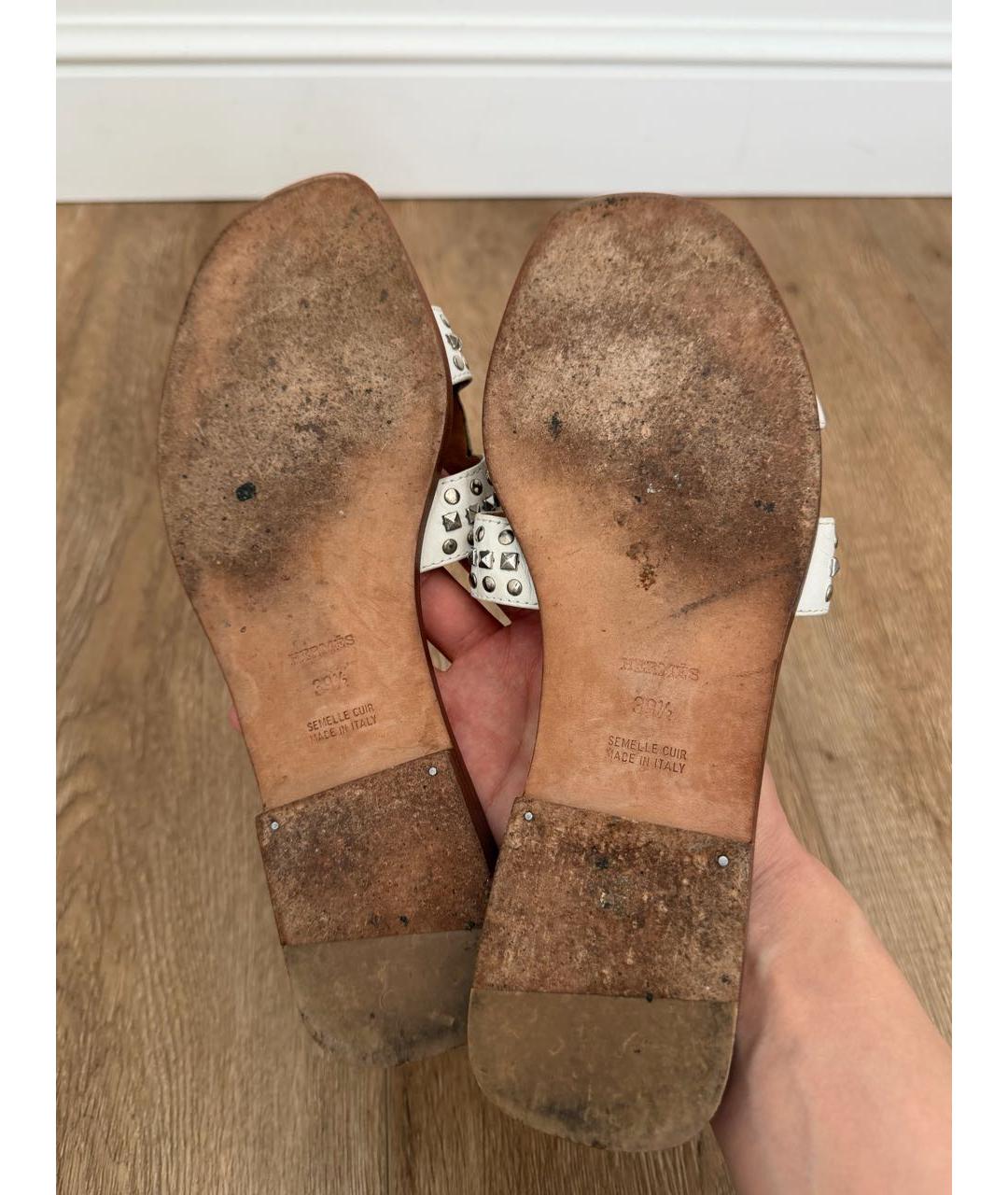 HERMES Белые кожаные шлепанцы, фото 5