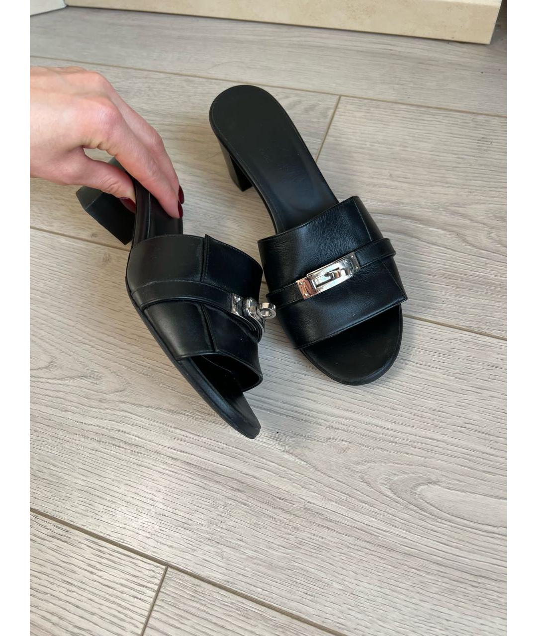 HERMES Черные кожаные босоножки, фото 4