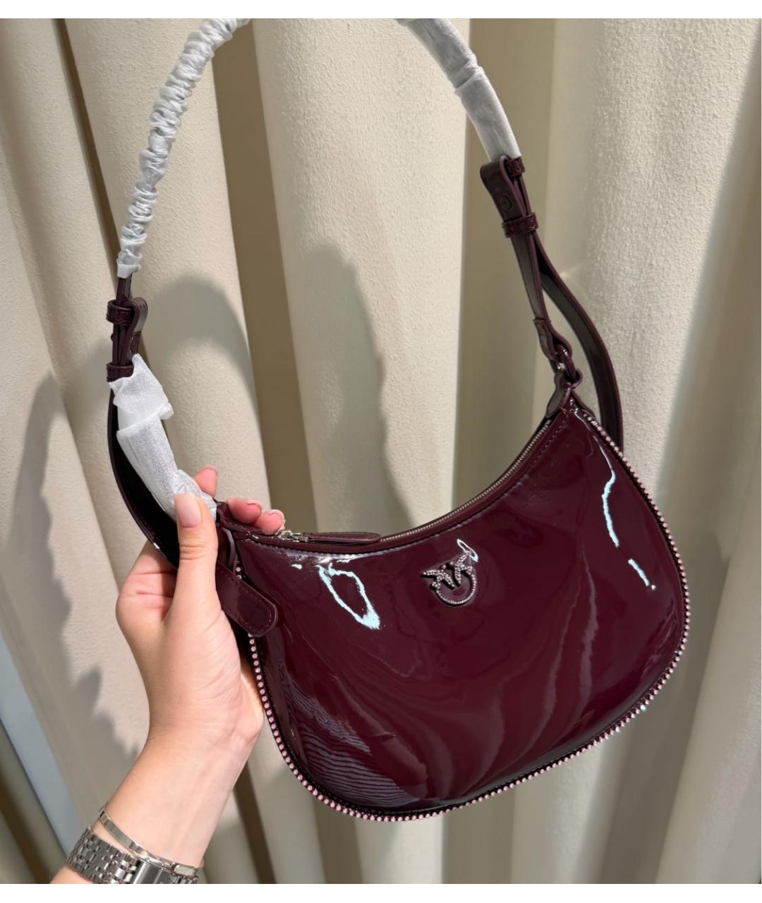 PINKO Бордовая сумка через плечо из лакированной кожи, фото 3