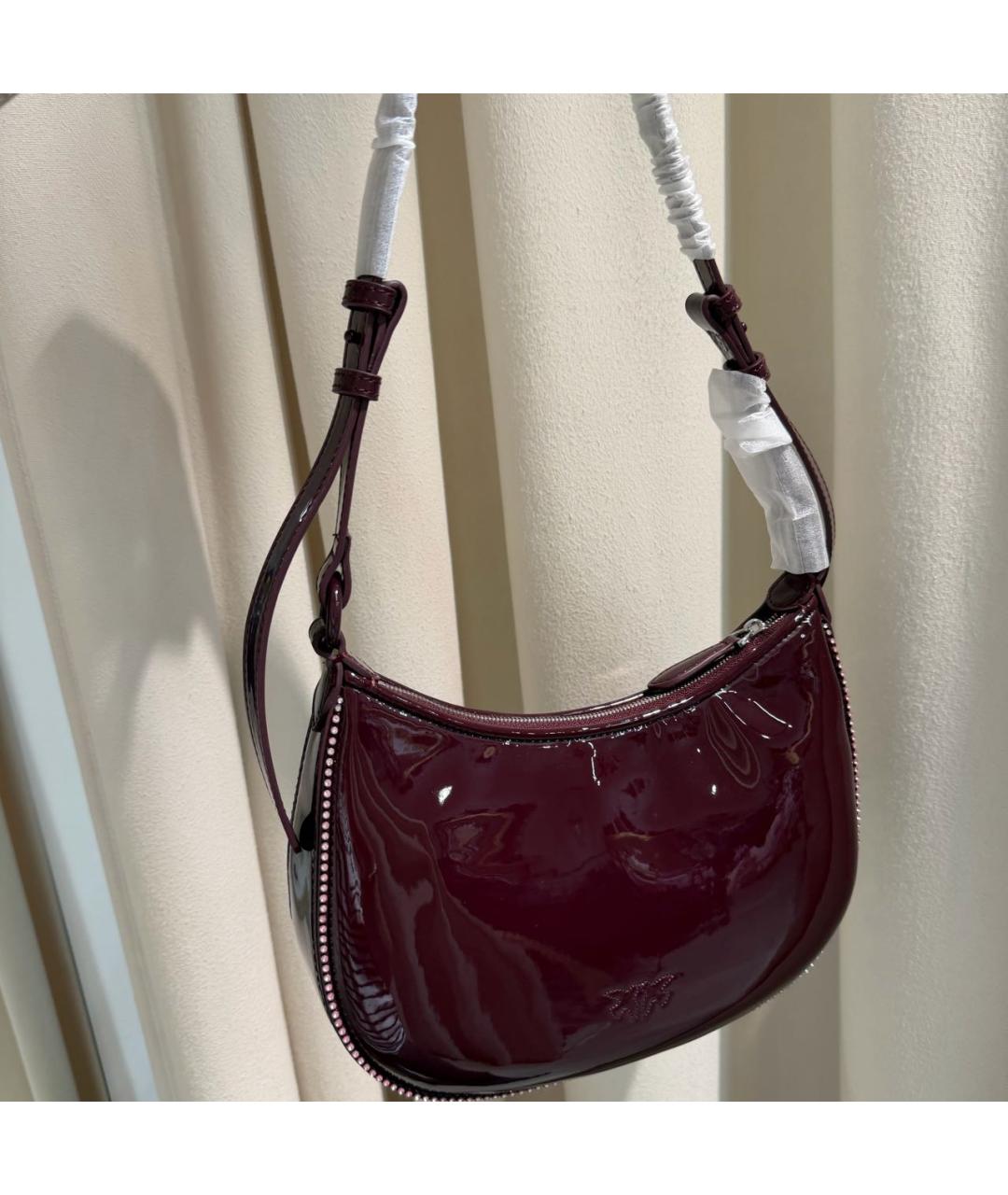 PINKO Бордовая сумка через плечо из лакированной кожи, фото 4