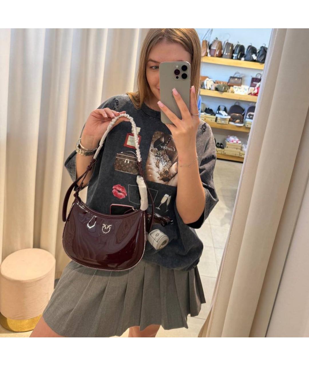 PINKO Бордовая сумка через плечо из лакированной кожи, фото 6