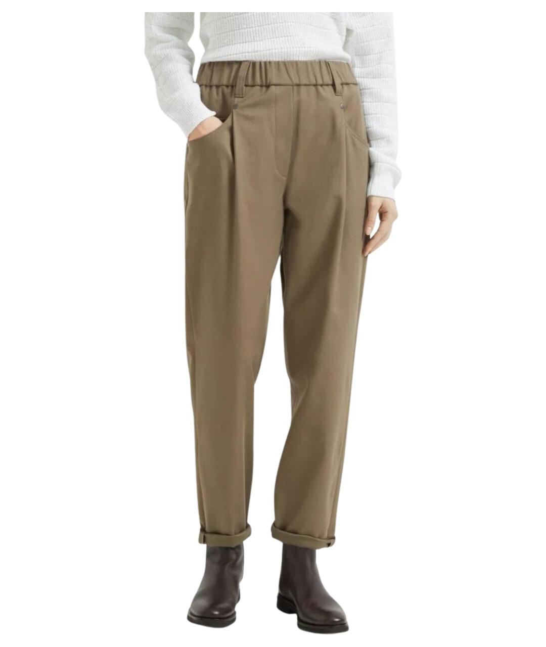 BRUNELLO CUCINELLI Хаки хлопковые прямые брюки, фото 4