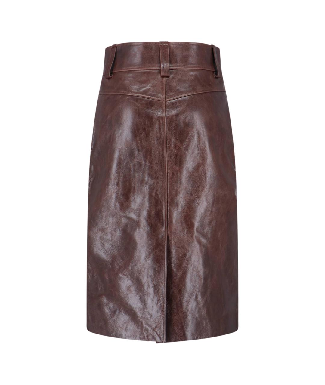 SAINT LAURENT Коричневая кожаная юбка миди, фото 2