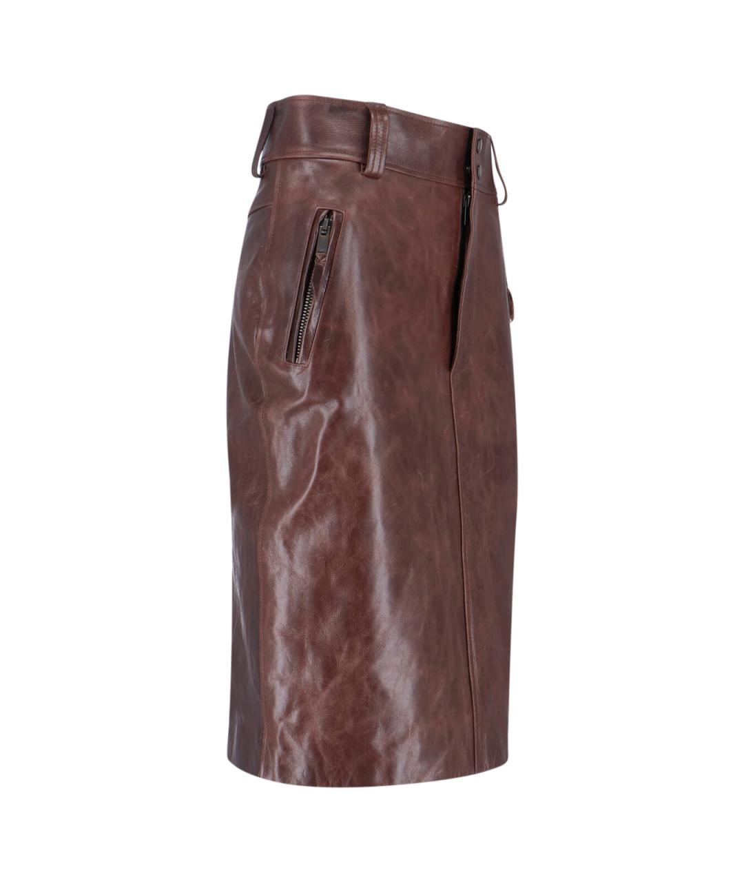 SAINT LAURENT Коричневая кожаная юбка миди, фото 3