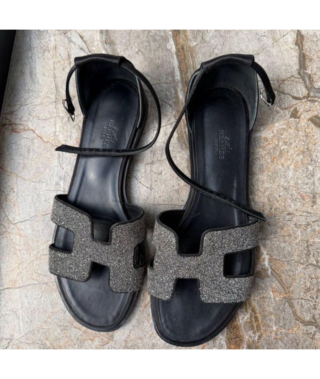 HERMES Антрацитовые кожаные босоножки, фото 6