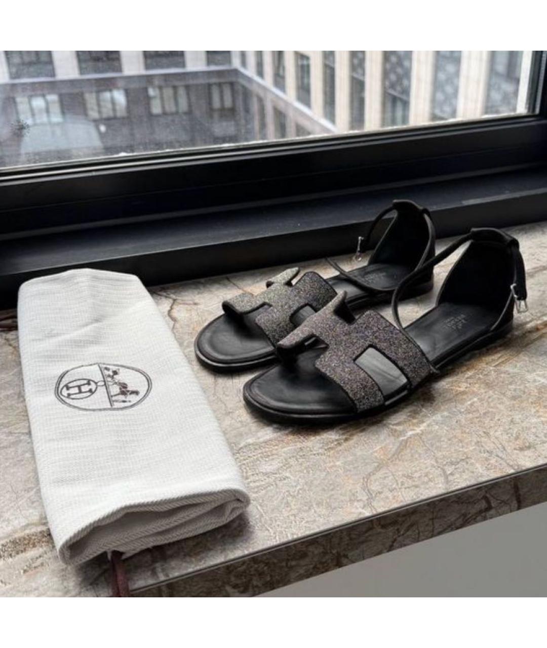 HERMES Антрацитовые кожаные босоножки, фото 2