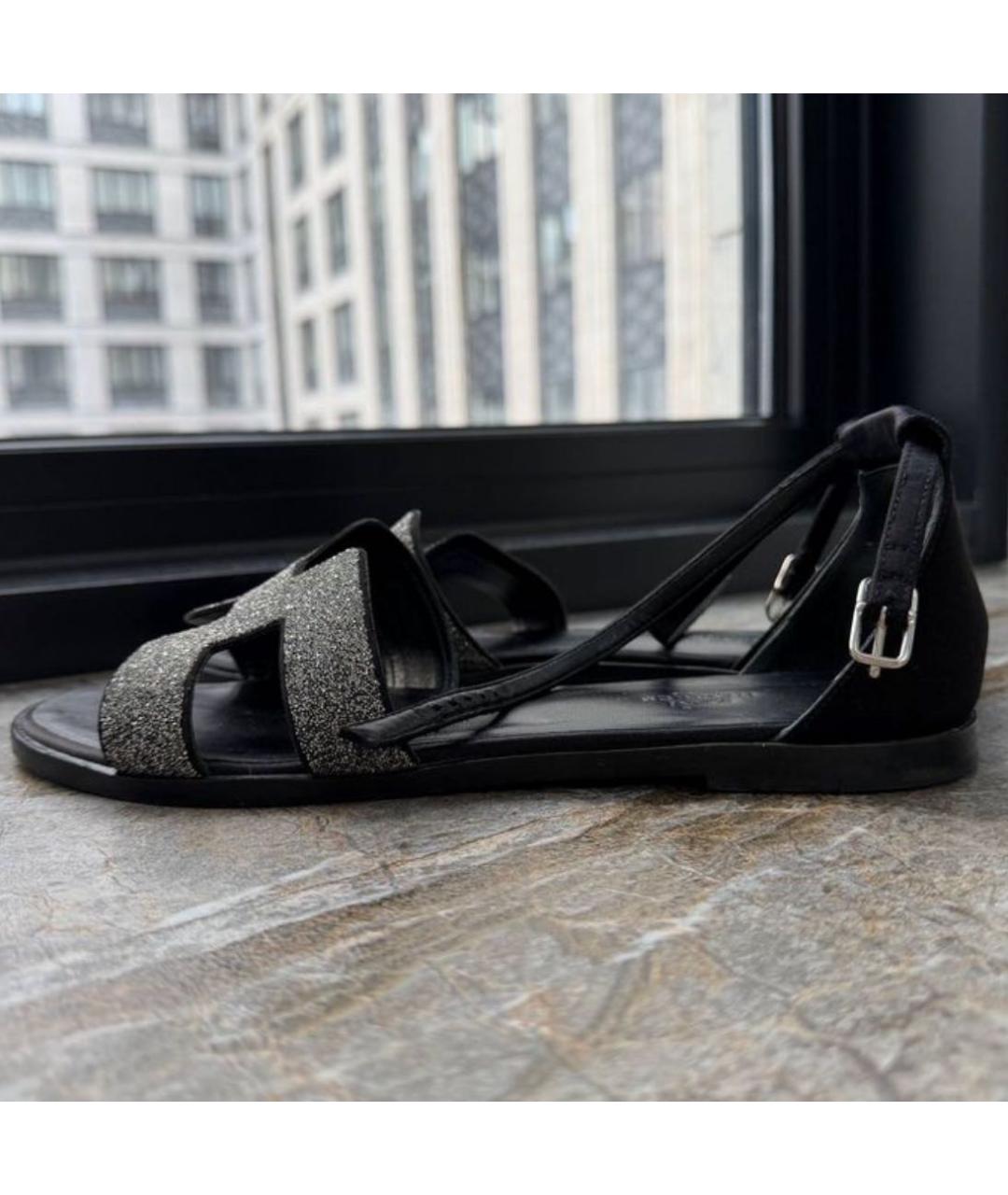 HERMES Антрацитовые кожаные босоножки, фото 8